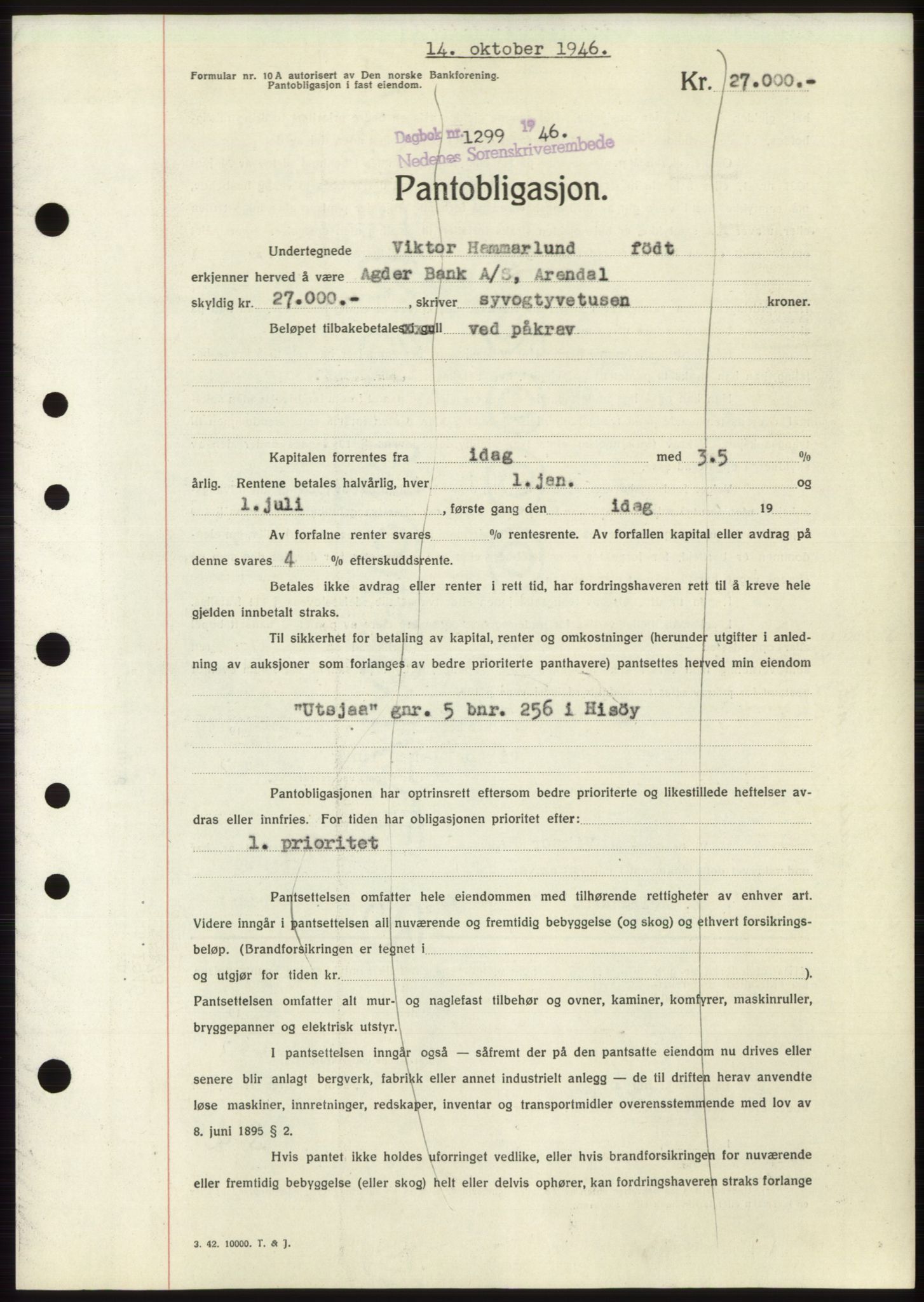 Nedenes sorenskriveri, SAK/1221-0006/G/Gb/Gbb/L0003: Mortgage book no. B3b, 1946-1946, Diary no: : 1299/1946
