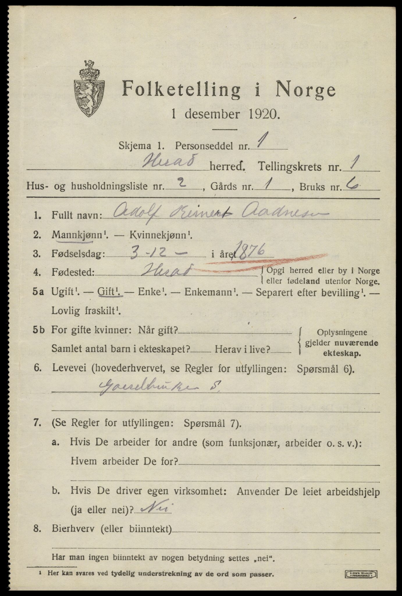 SAK, 1920 census for Herad, 1920, p. 438