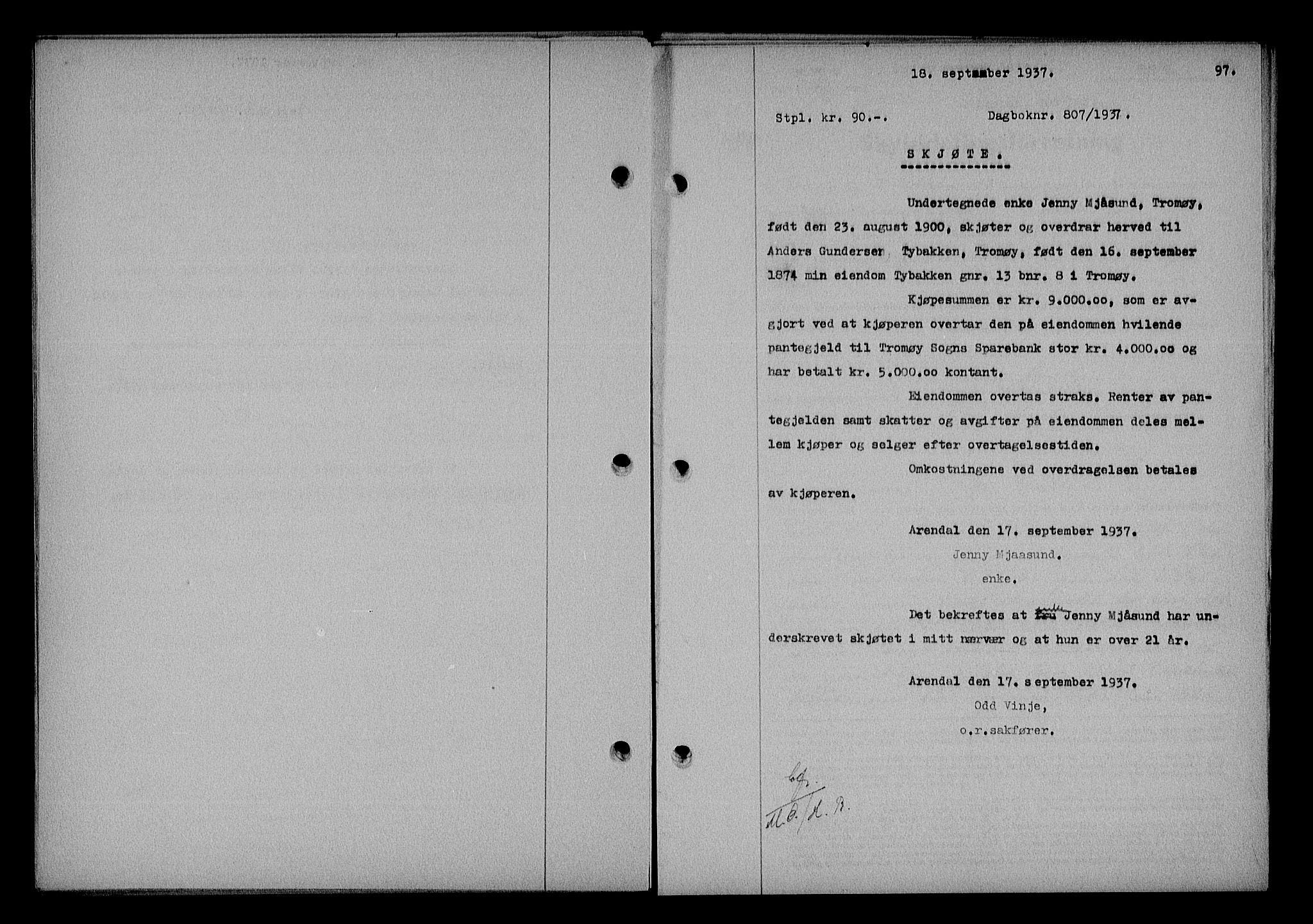 Nedenes sorenskriveri, SAK/1221-0006/G/Gb/Gba/L0044: Mortgage book no. 40, 1937-1938, Diary no: : 807/1937