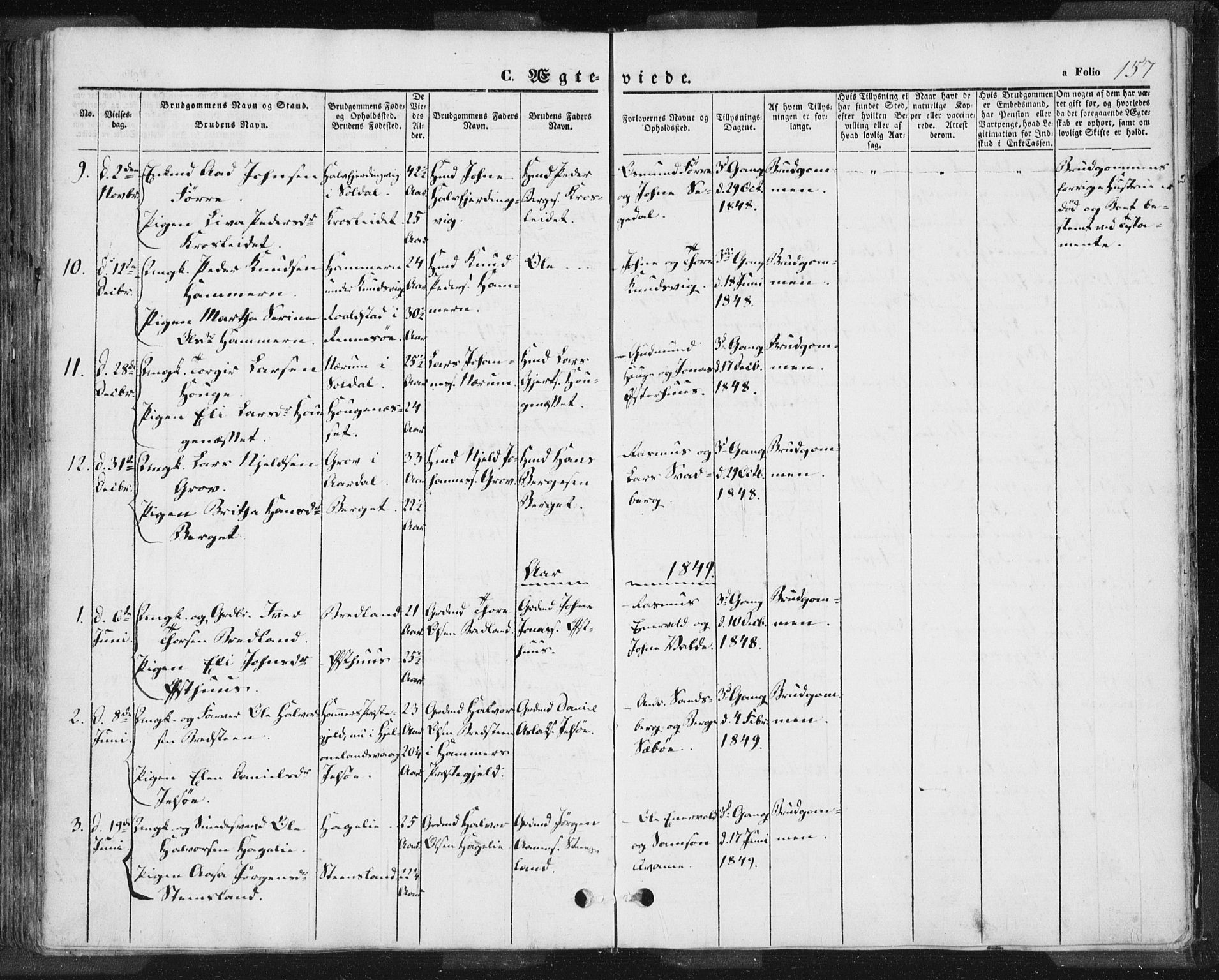 Hjelmeland sokneprestkontor, AV/SAST-A-101843/01/IV/L0009: Parish register (official) no. A 9, 1846-1860, p. 157