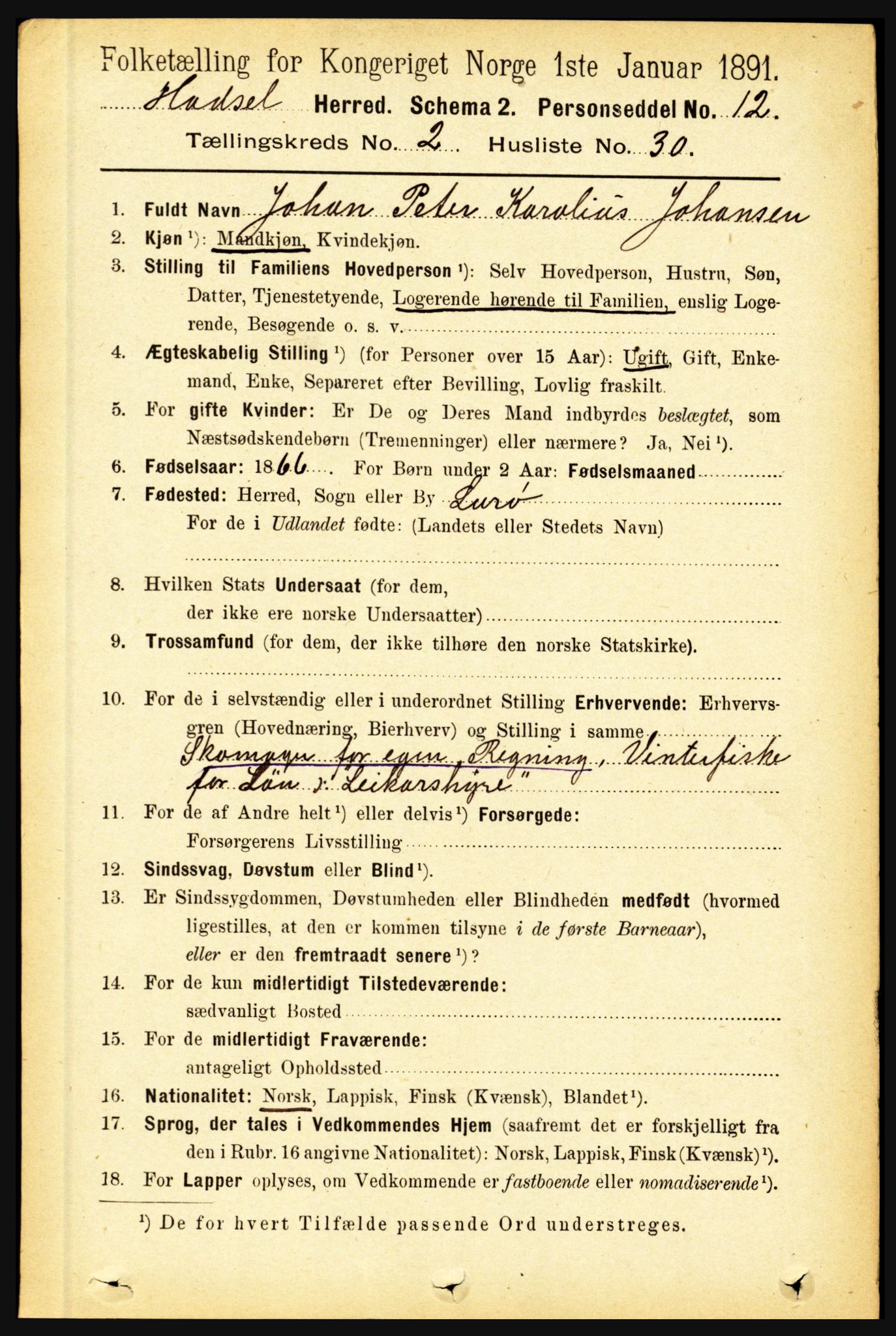 RA, 1891 census for 1866 Hadsel, 1891, p. 851