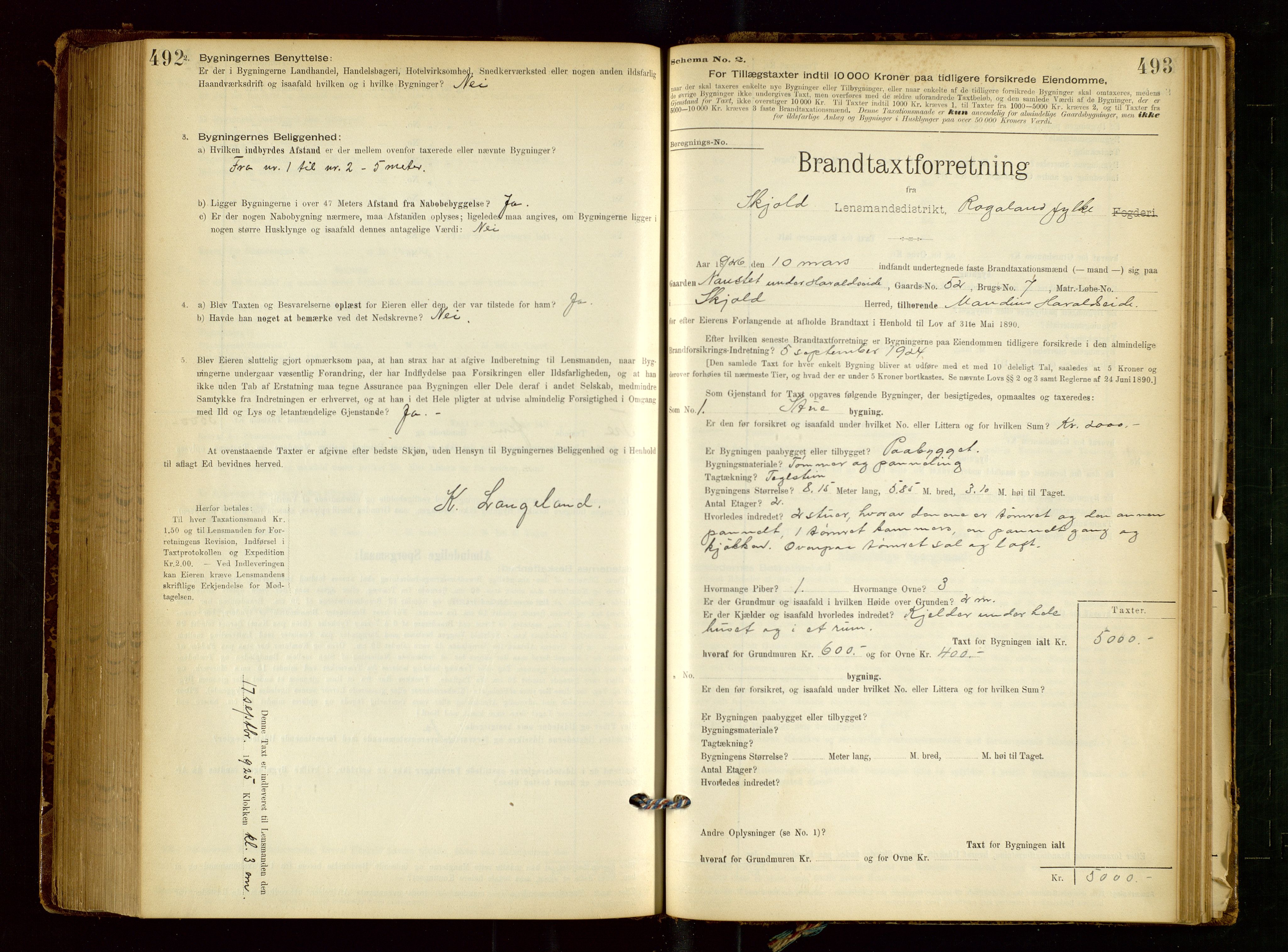 Skjold lensmannskontor, AV/SAST-A-100182/Gob/L0001: "Brandtaxationsprotokol for Skjold Lensmandsdistrikt Ryfylke Fogderi", 1894-1939, p. 492-493