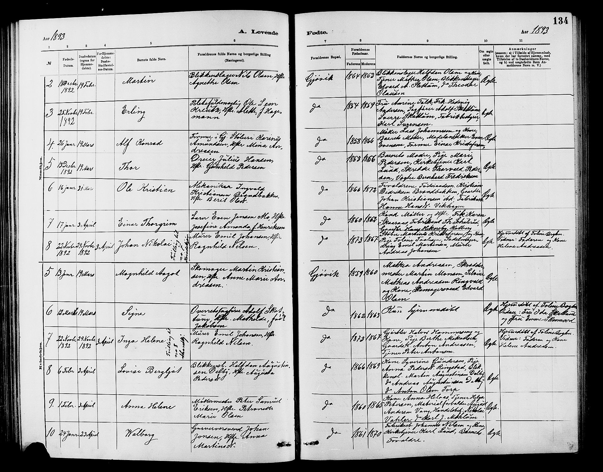 Vardal prestekontor, SAH/PREST-100/H/Ha/Hab/L0007: Parish register (copy) no. 7 /2, 1881-1895, p. 134