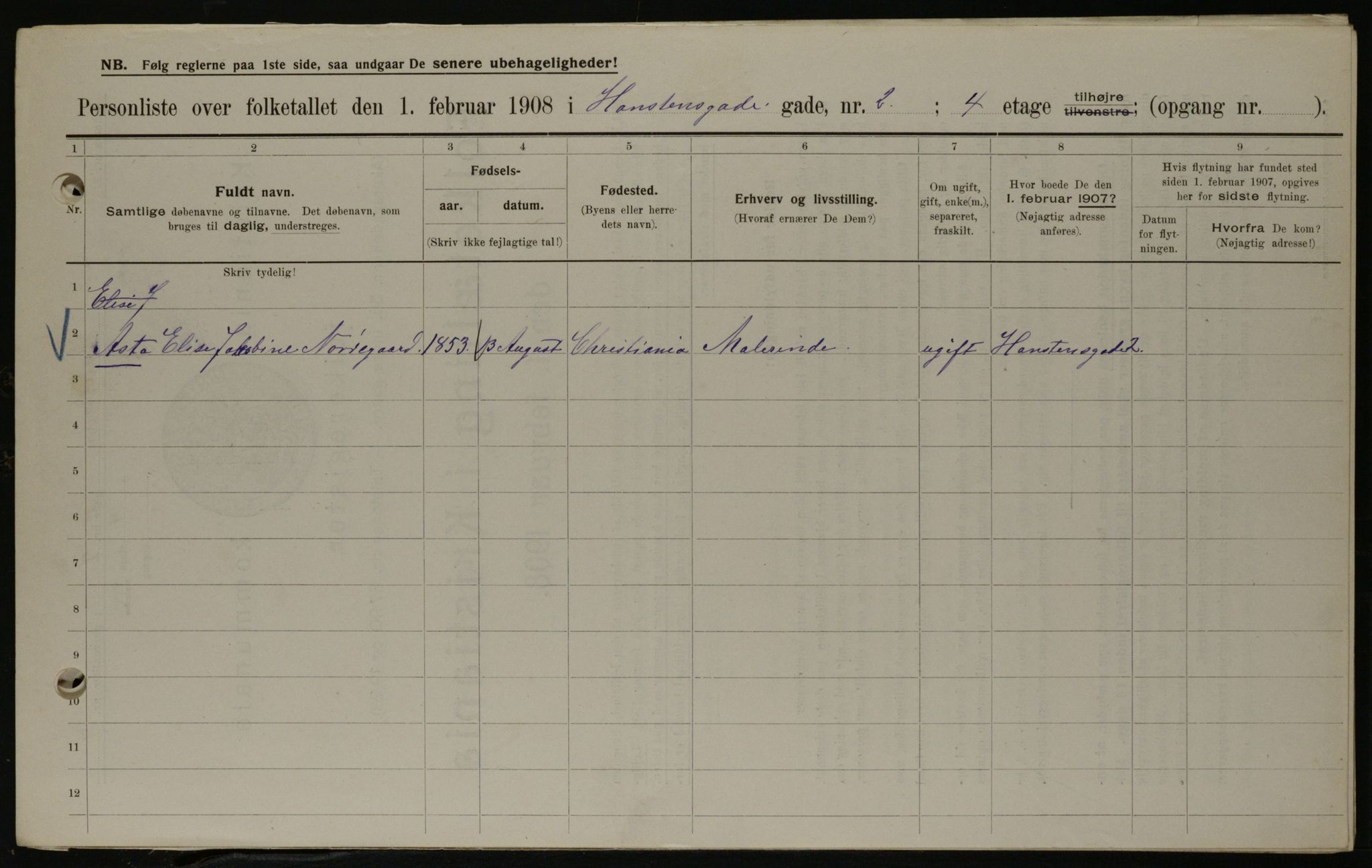 OBA, Municipal Census 1908 for Kristiania, 1908, p. 31344