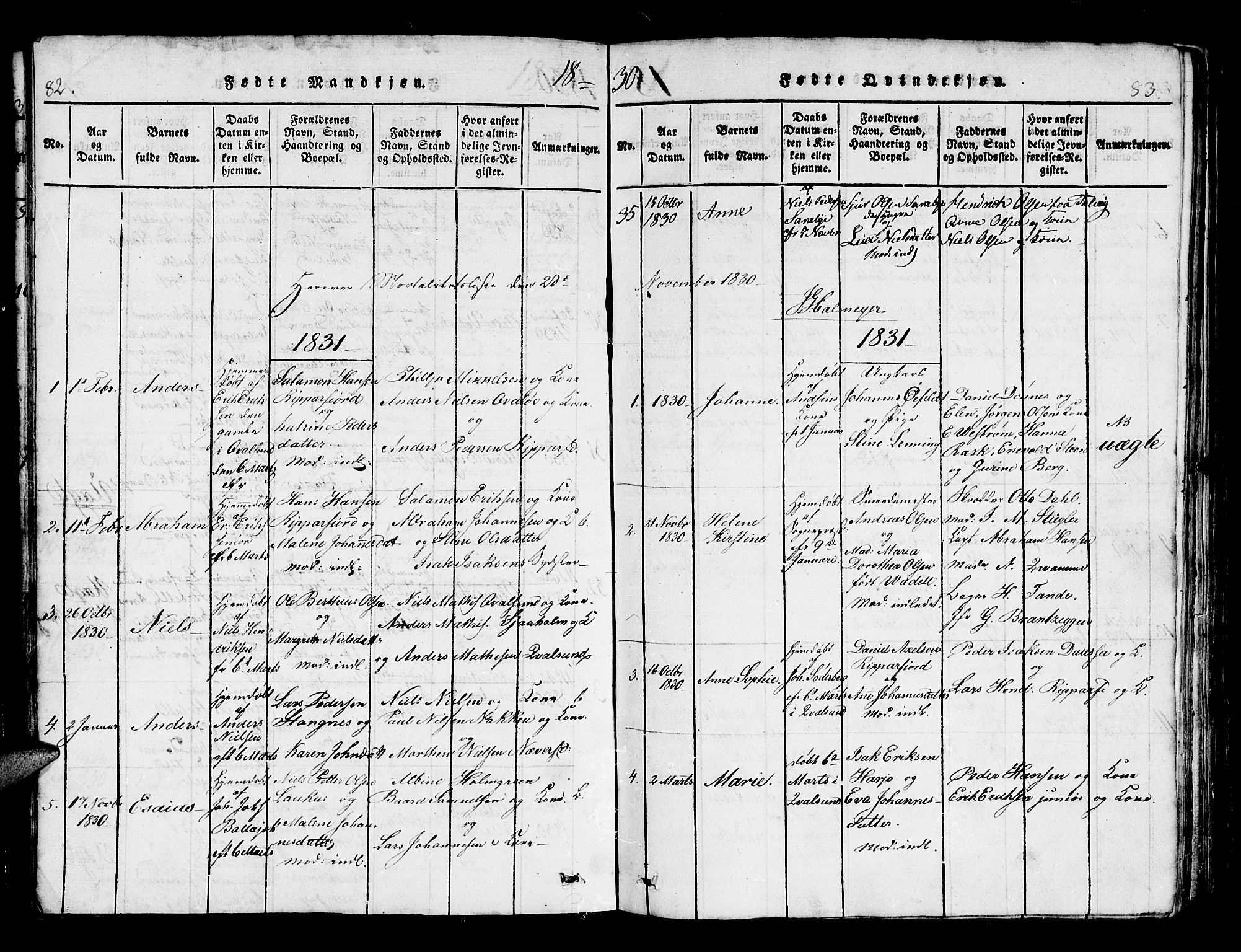 Hammerfest sokneprestkontor, AV/SATØ-S-1347/H/Hb/L0001.klokk: Parish register (copy) no. 1, 1822-1850, p. 82-83