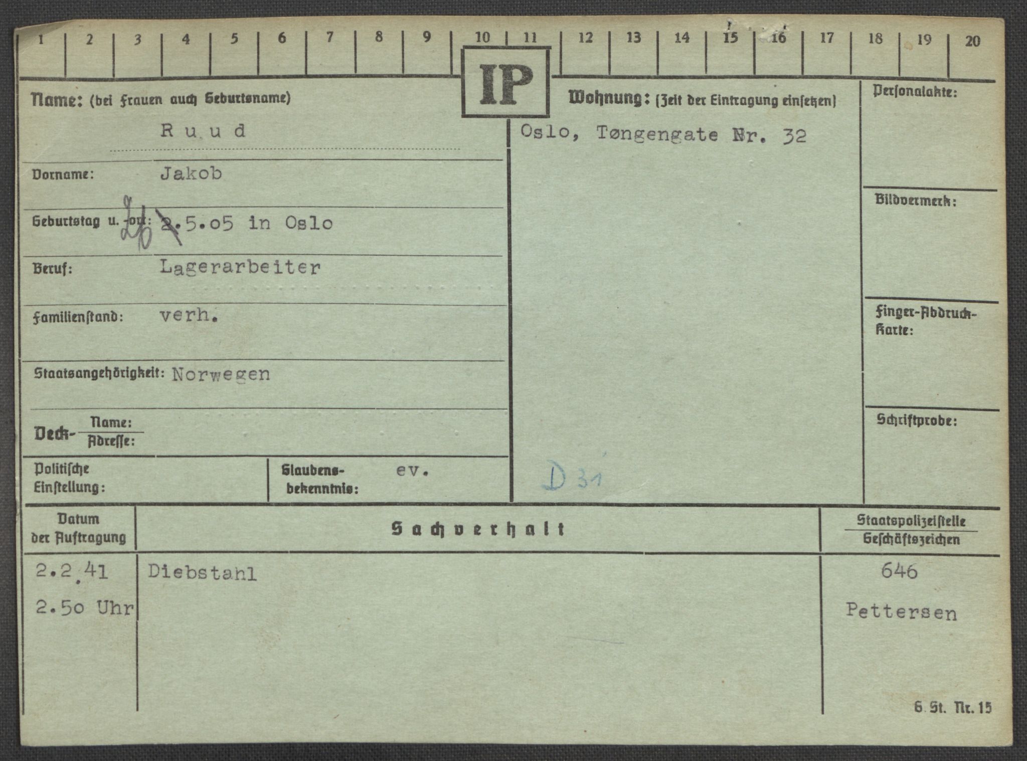 Befehlshaber der Sicherheitspolizei und des SD, RA/RAFA-5969/E/Ea/Eaa/L0008: Register over norske fanger i Møllergata 19: Oelze-Ru, 1940-1945, p. 1354