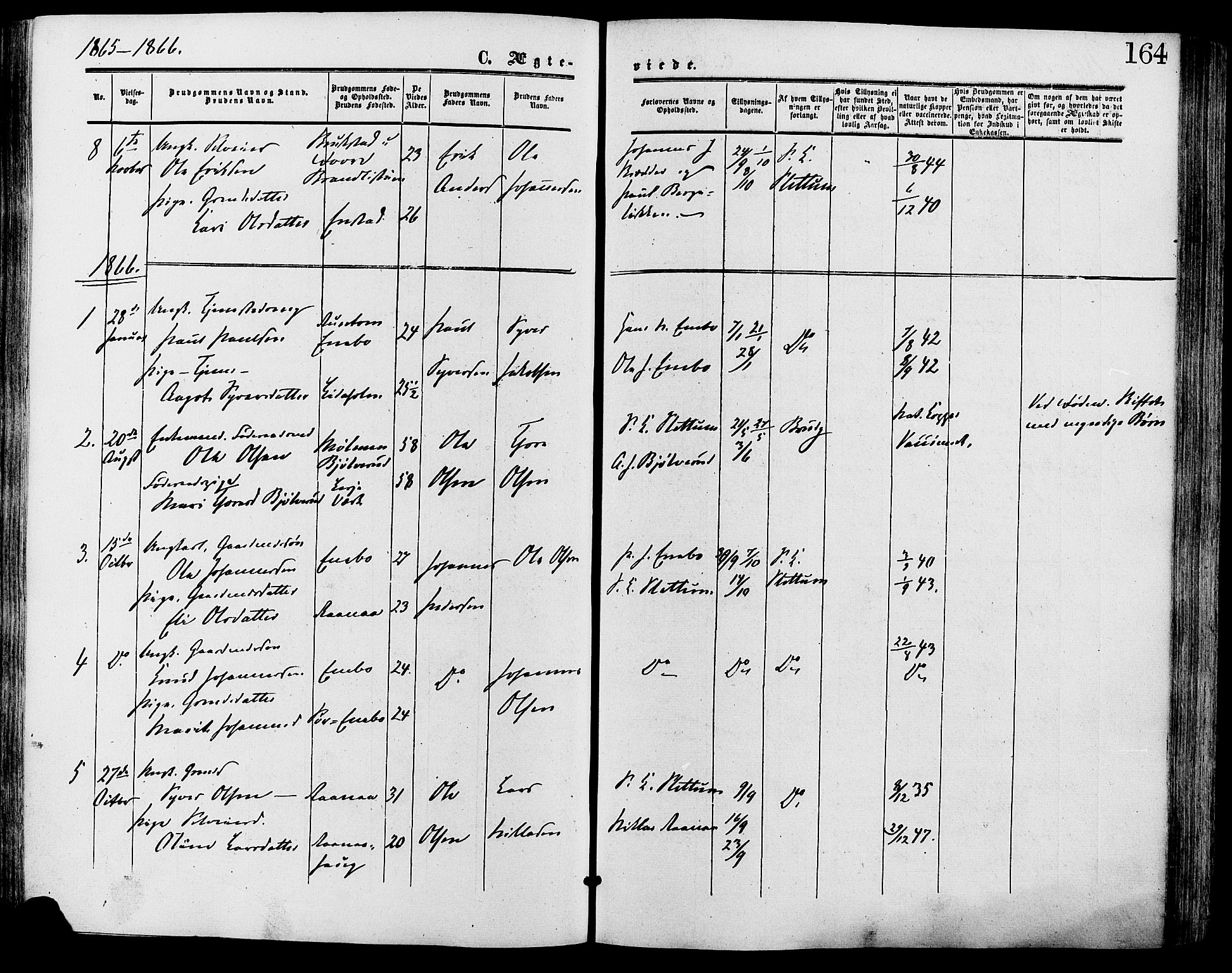 Lesja prestekontor, SAH/PREST-068/H/Ha/Haa/L0009: Parish register (official) no. 9, 1854-1889, p. 164