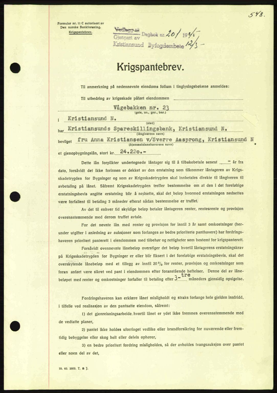 Kristiansund byfogd, SAT/A-4587/A/27: Mortgage book no. 37-38, 1943-1945, Diary no: : 201/1945
