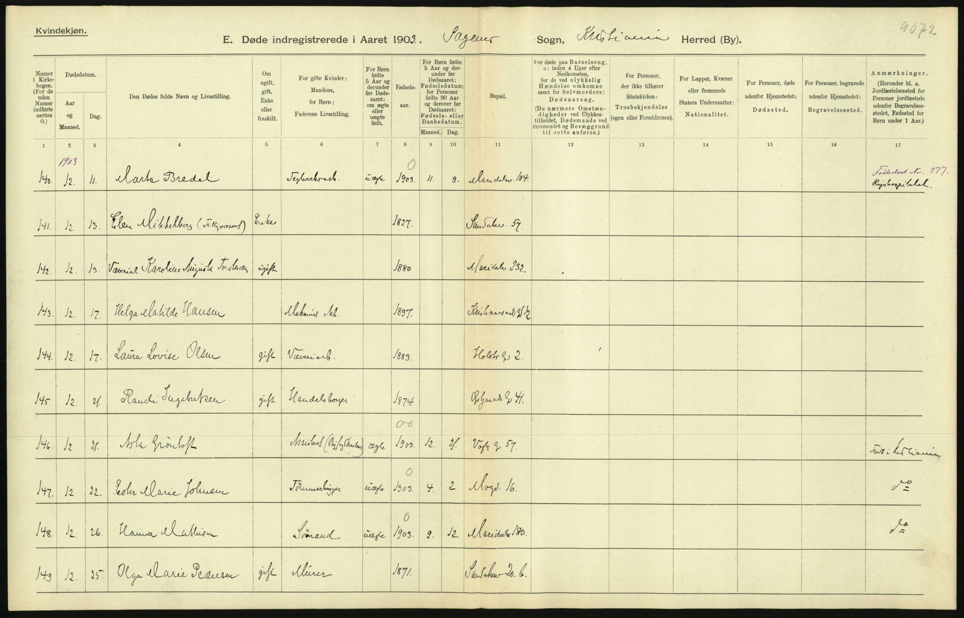 Statistisk sentralbyrå, Sosiodemografiske emner, Befolkning, AV/RA-S-2228/D/Df/Dfa/Dfaa/L0004: Kristiania: Gifte, døde, 1903, p. 69