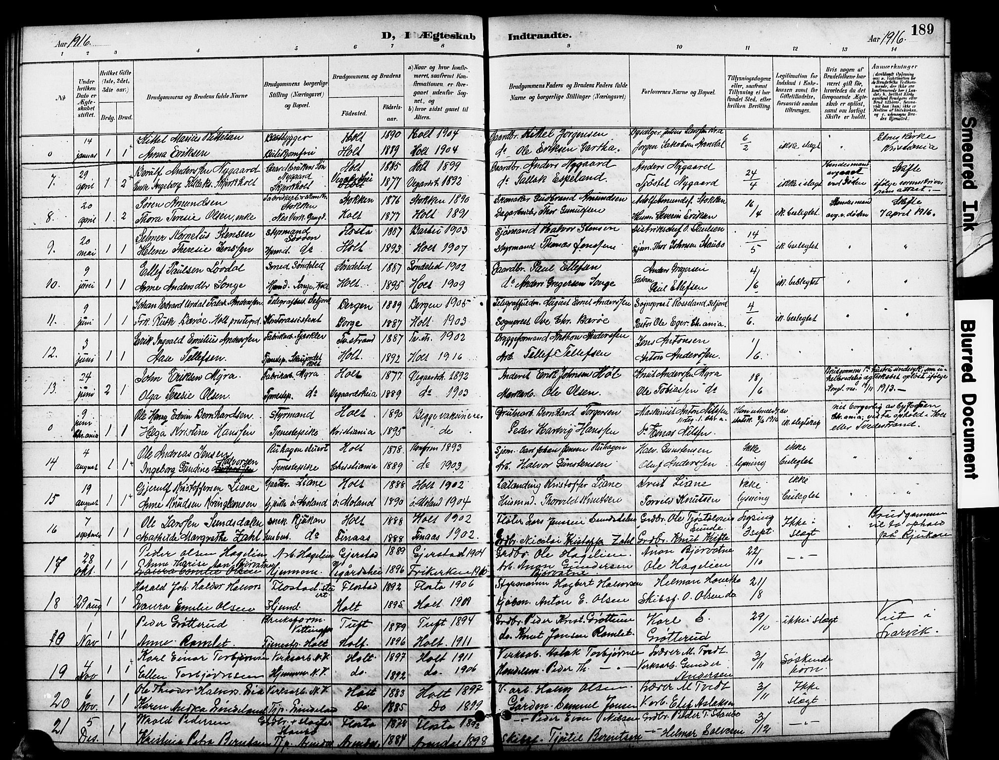 Holt sokneprestkontor, SAK/1111-0021/F/Fb/L0011: Parish register (copy) no. B 11, 1897-1921, p. 189