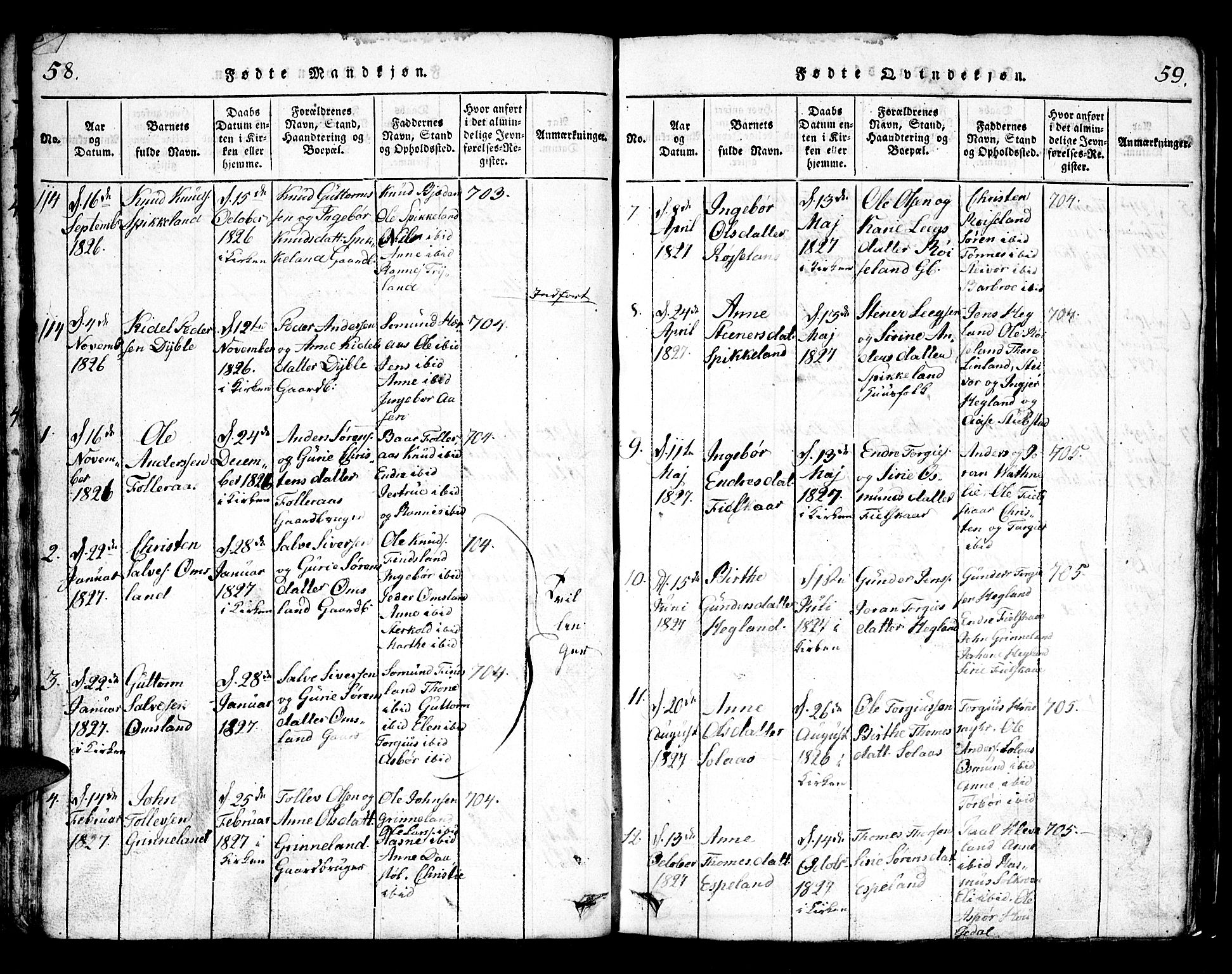 Bjelland sokneprestkontor, SAK/1111-0005/F/Fb/Fbb/L0003: Parish register (copy) no. B 3, 1816-1868, p. 58-59