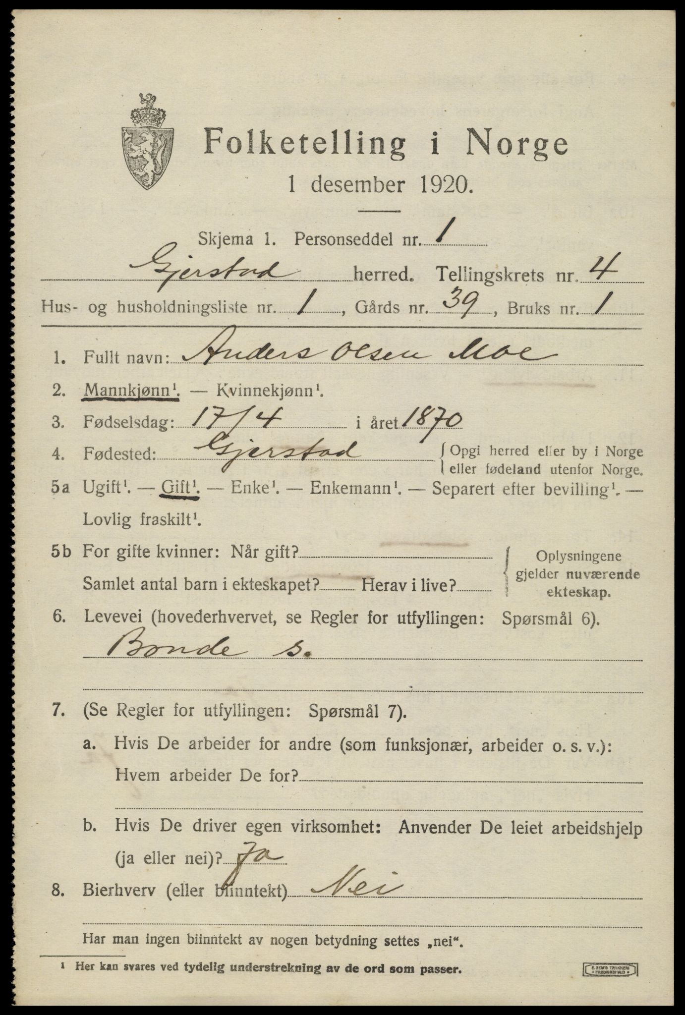 SAK, 1920 census for Gjerstad, 1920, p. 2705