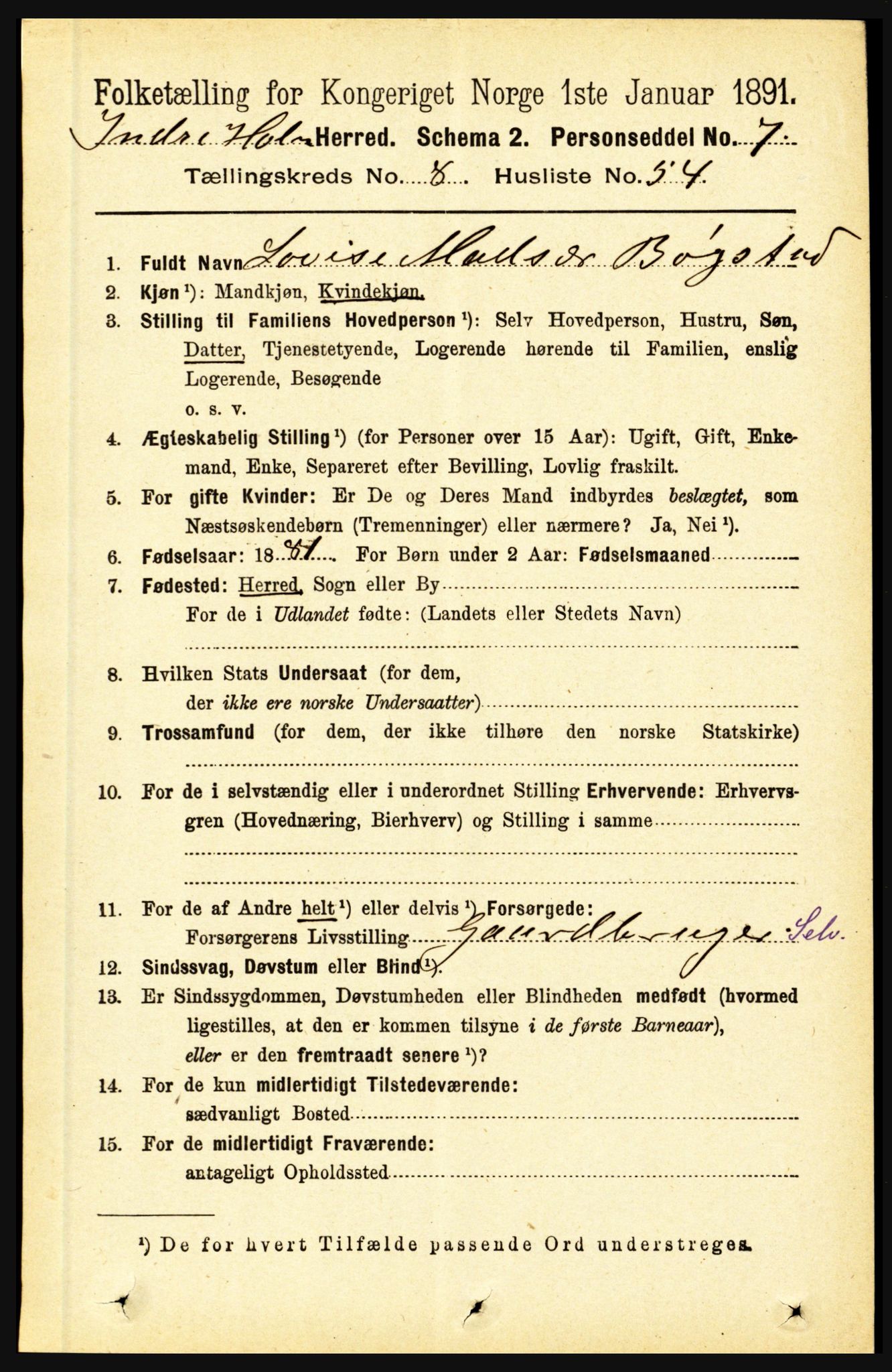 RA, 1891 census for 1430 Indre Holmedal, 1891, p. 3739