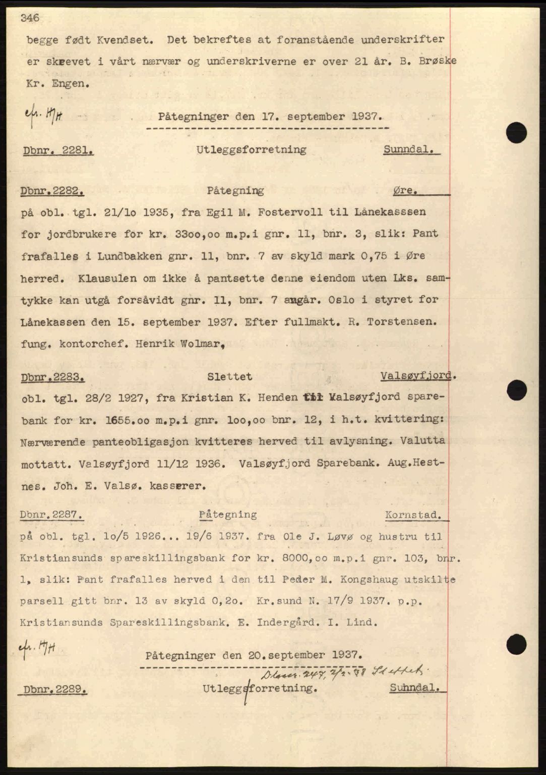 Nordmøre sorenskriveri, AV/SAT-A-4132/1/2/2Ca: Mortgage book no. C80, 1936-1939, Diary no: : 2281/1937