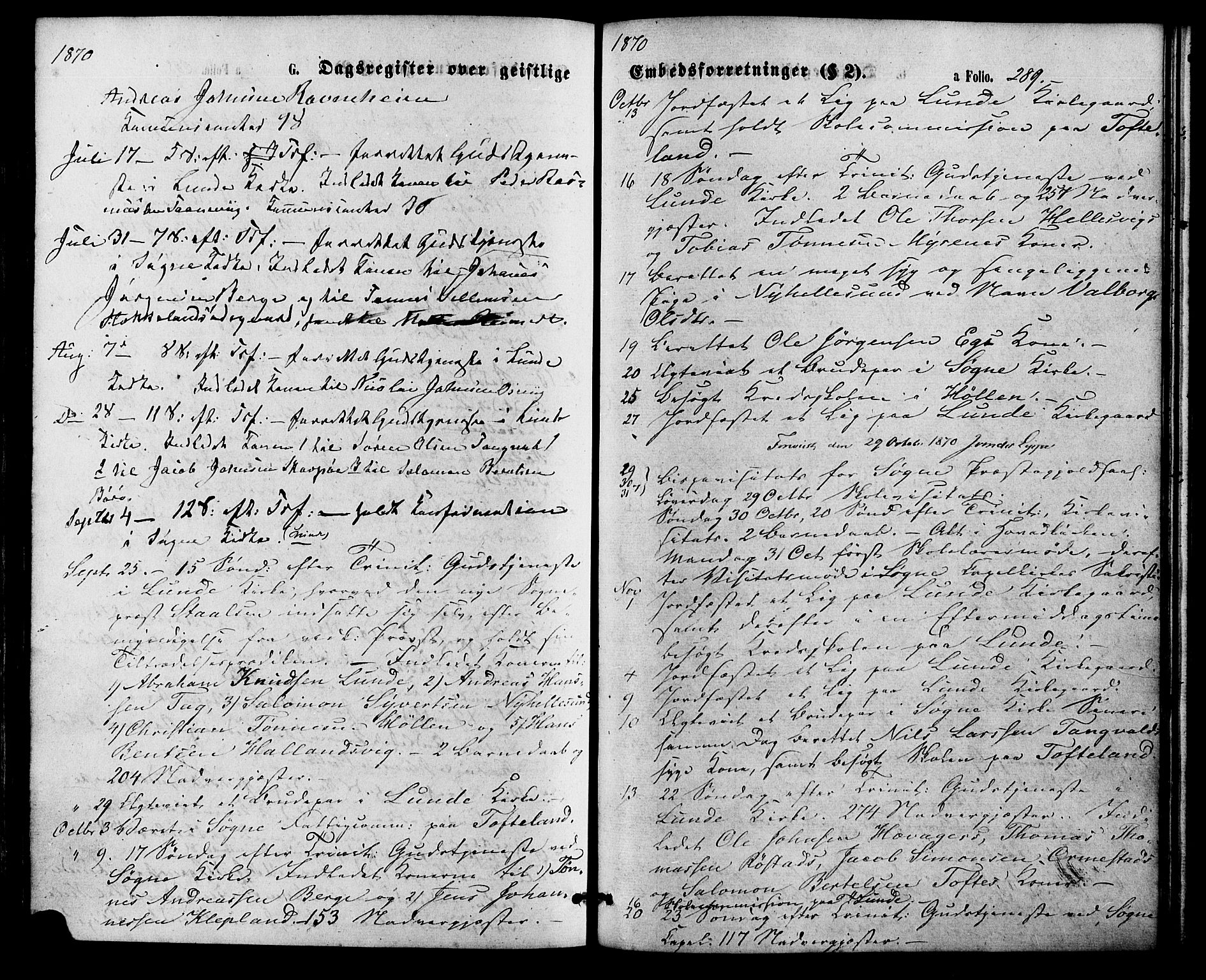 Søgne sokneprestkontor, SAK/1111-0037/F/Fa/Fab/L0011: Parish register (official) no. A 11, 1869-1879, p. 289