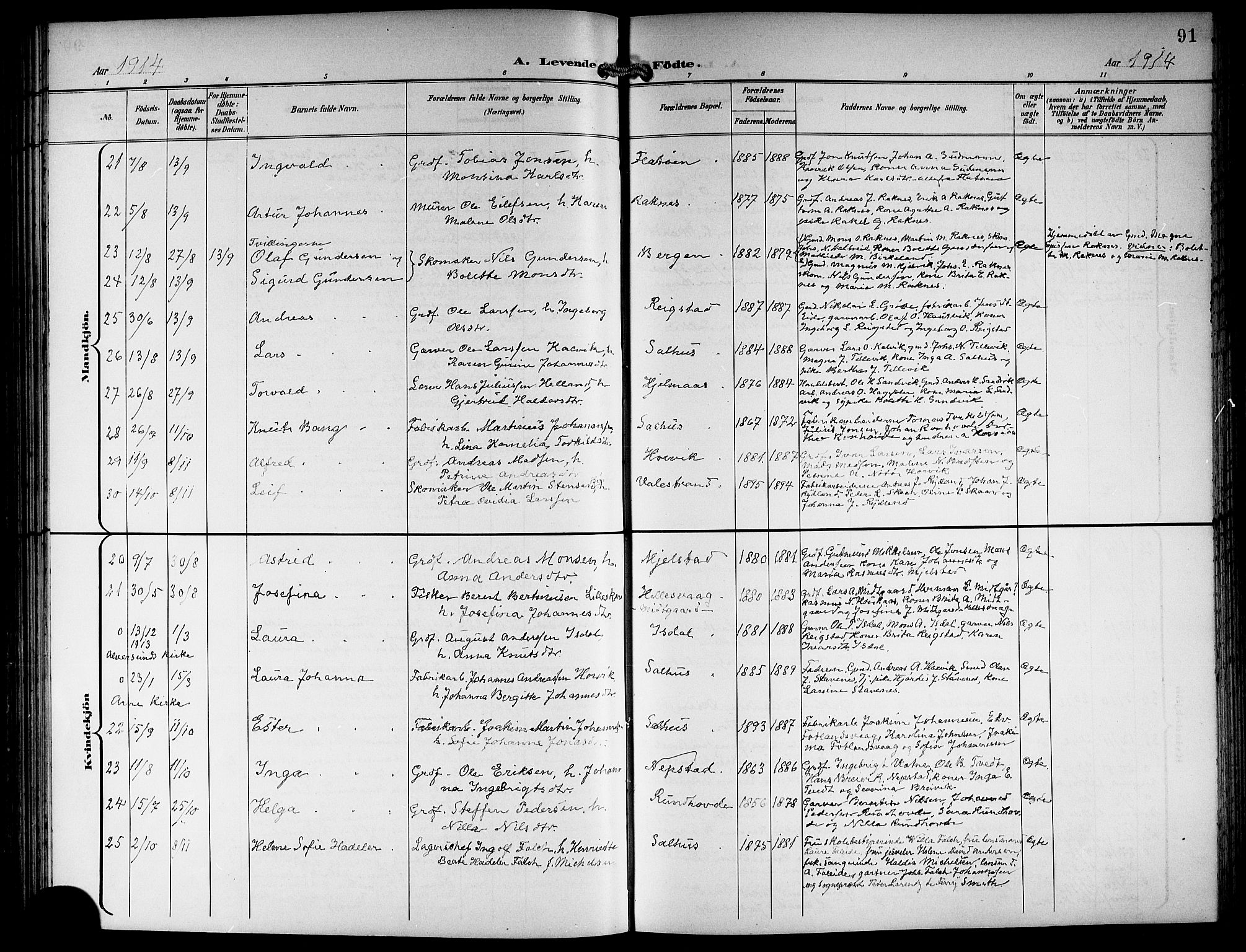 Hamre sokneprestembete, AV/SAB-A-75501/H/Ha/Hab: Parish register (copy) no. B 4, 1898-1919, p. 91