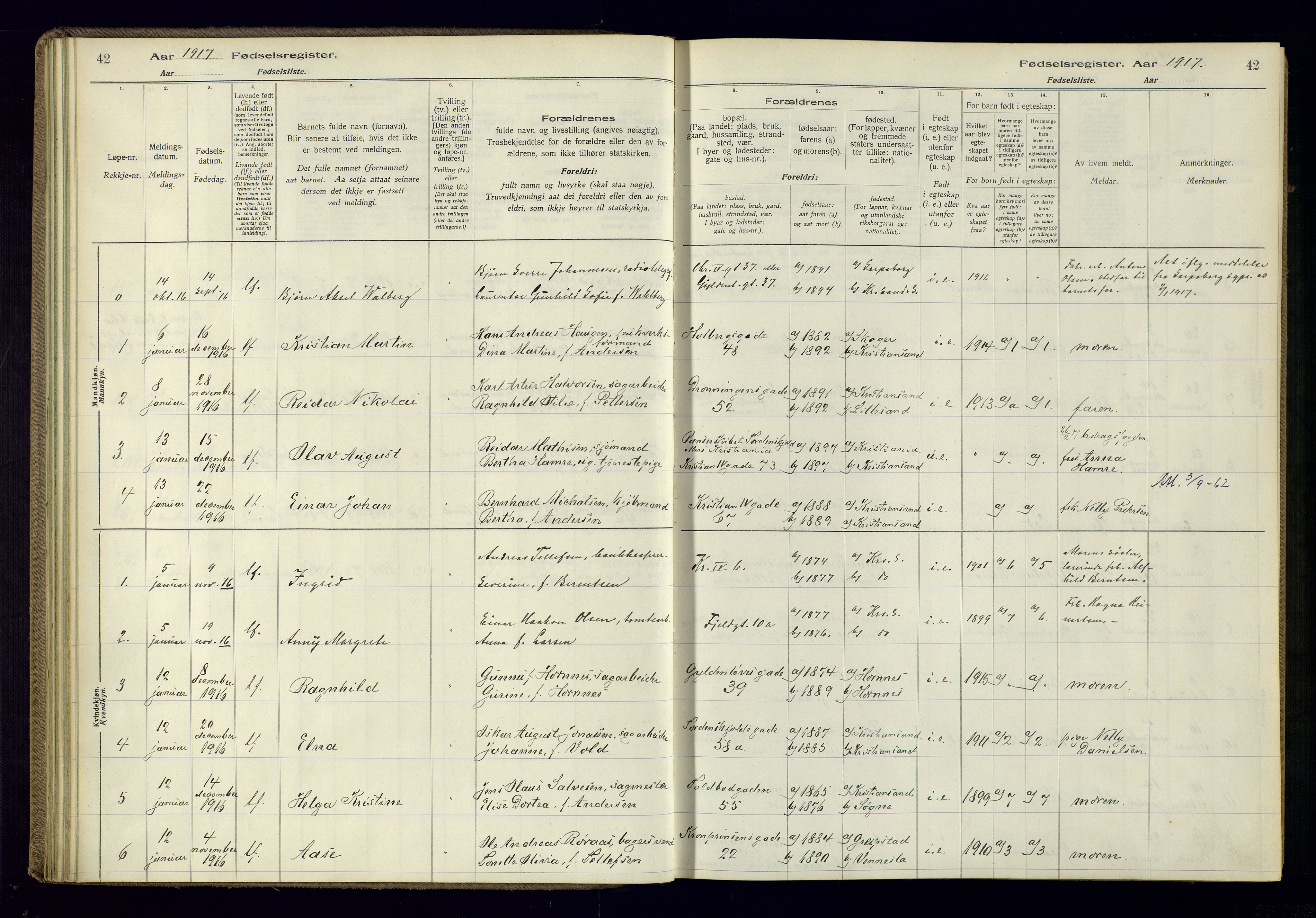 Kristiansand domprosti, AV/SAK-1112-0006/J/Jc/L0001: Birth register no. A-VI-45, 1916-1921, p. 42