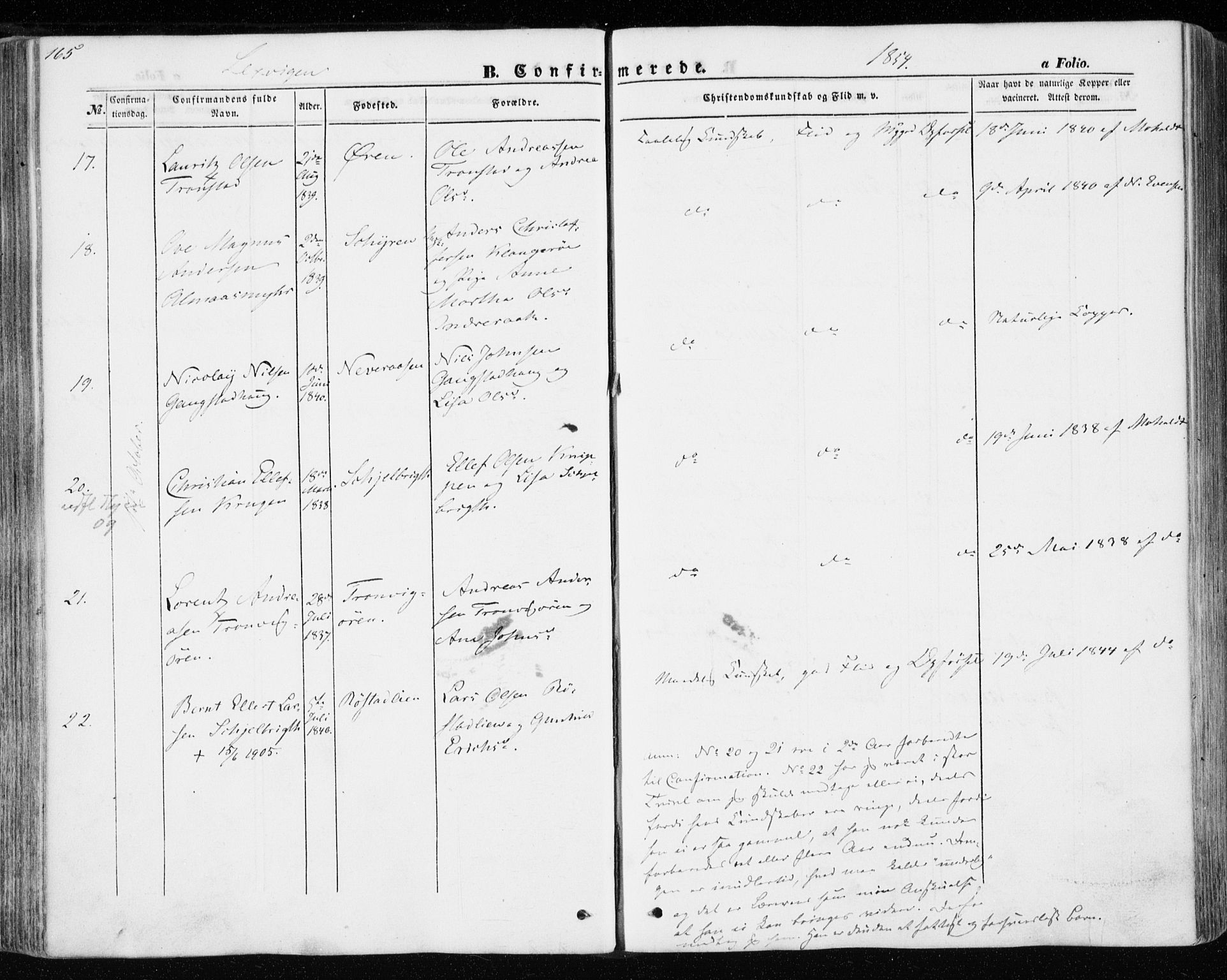 Ministerialprotokoller, klokkerbøker og fødselsregistre - Nord-Trøndelag, AV/SAT-A-1458/701/L0008: Parish register (official) no. 701A08 /1, 1854-1863, p. 165