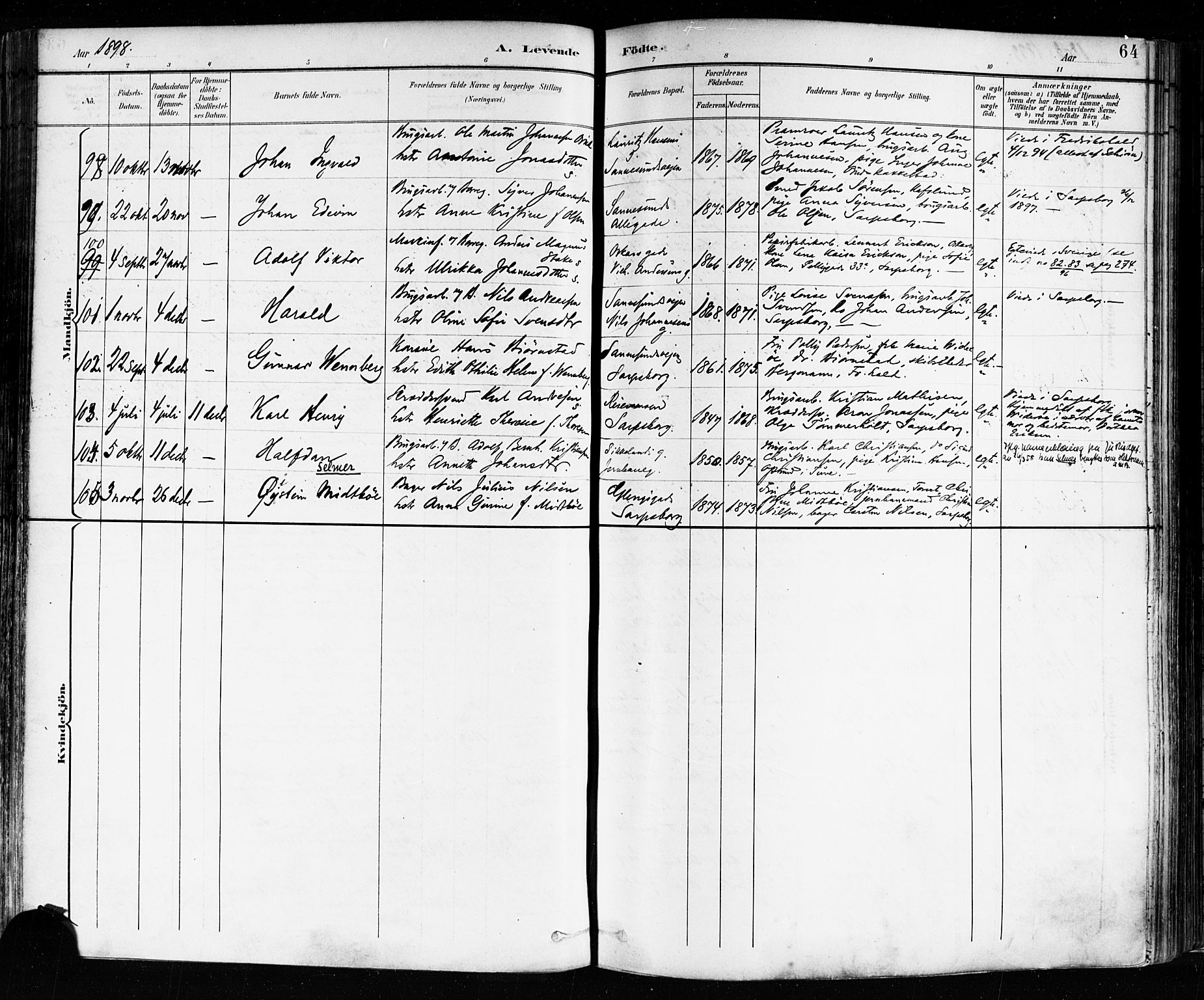 Sarpsborg prestekontor Kirkebøker, AV/SAO-A-2006/F/Fa/L0004: Parish register (official) no. 4, 1892-1899, p. 64