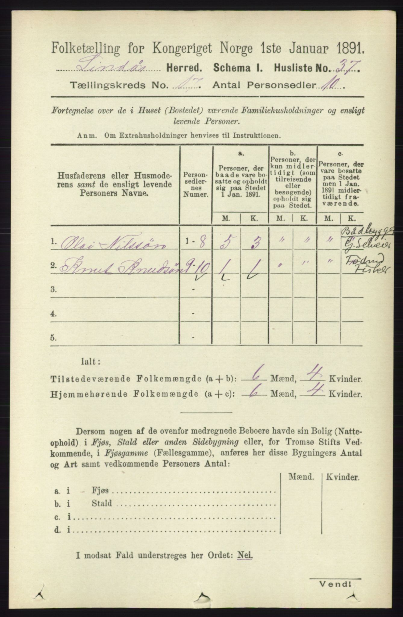 RA, 1891 census for 1263 Lindås, 1891, p. 6119