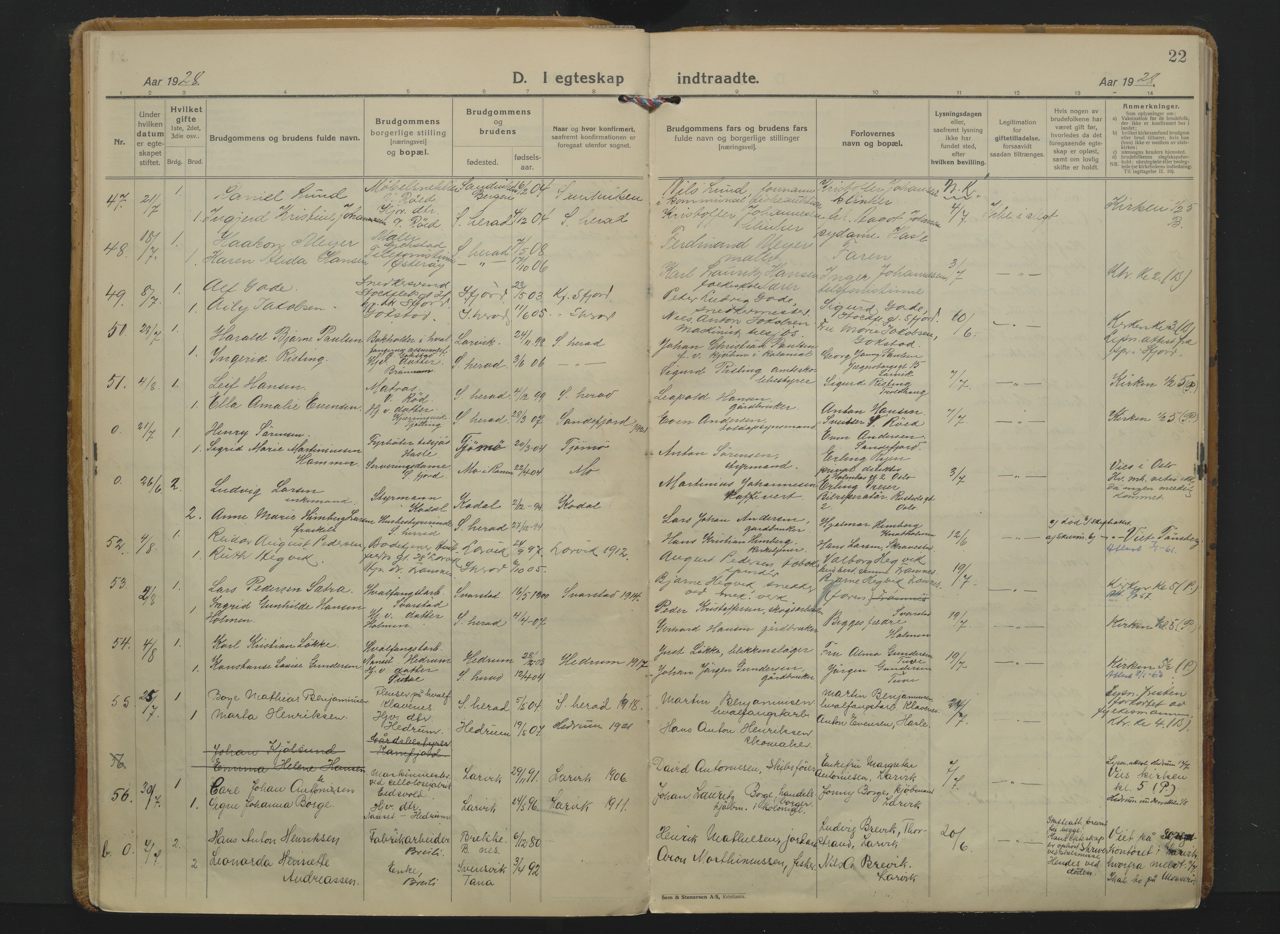 Sandar kirkebøker, SAKO/A-243/F/Fa/L0023: Parish register (official) no. 23, 1924-1932, p. 22