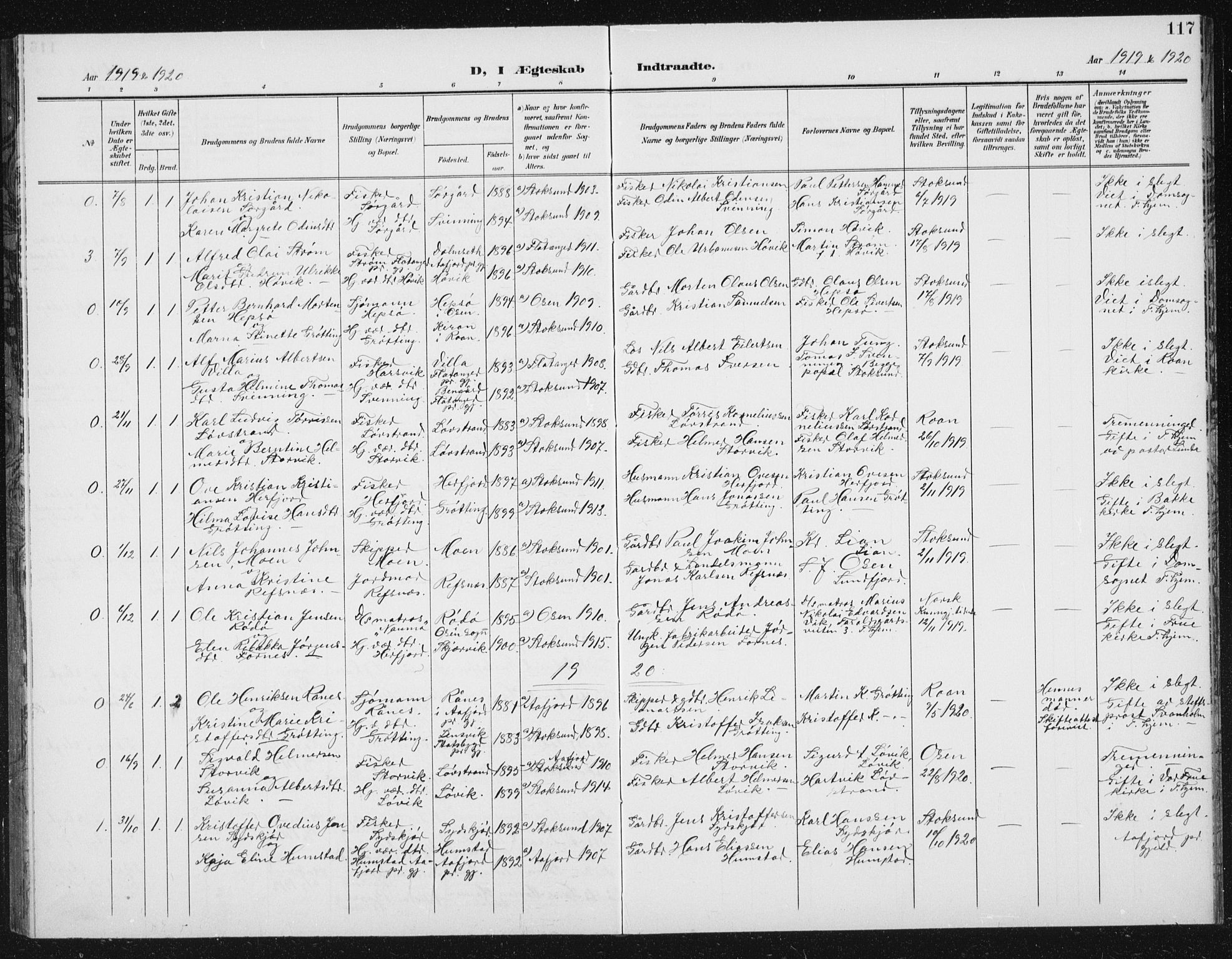 Ministerialprotokoller, klokkerbøker og fødselsregistre - Sør-Trøndelag, SAT/A-1456/656/L0699: Parish register (copy) no. 656C05, 1905-1920, p. 117