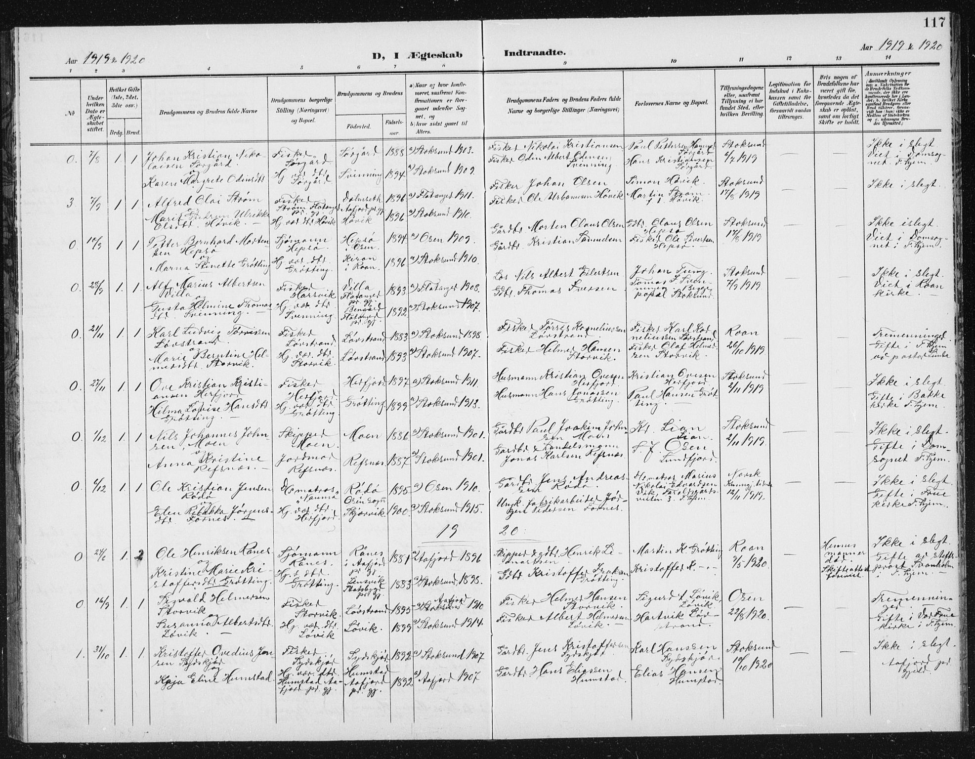 Ministerialprotokoller, klokkerbøker og fødselsregistre - Sør-Trøndelag, AV/SAT-A-1456/656/L0699: Parish register (copy) no. 656C05, 1905-1920, p. 117