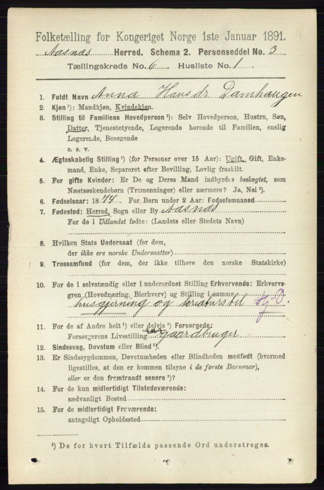 RA, 1891 census for 0425 Åsnes, 1891, p. 2795