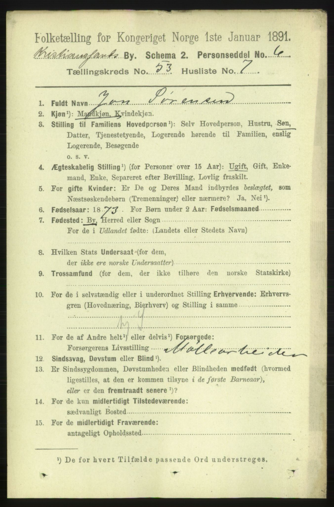 RA, 1891 census for 1001 Kristiansand, 1891, p. 15280