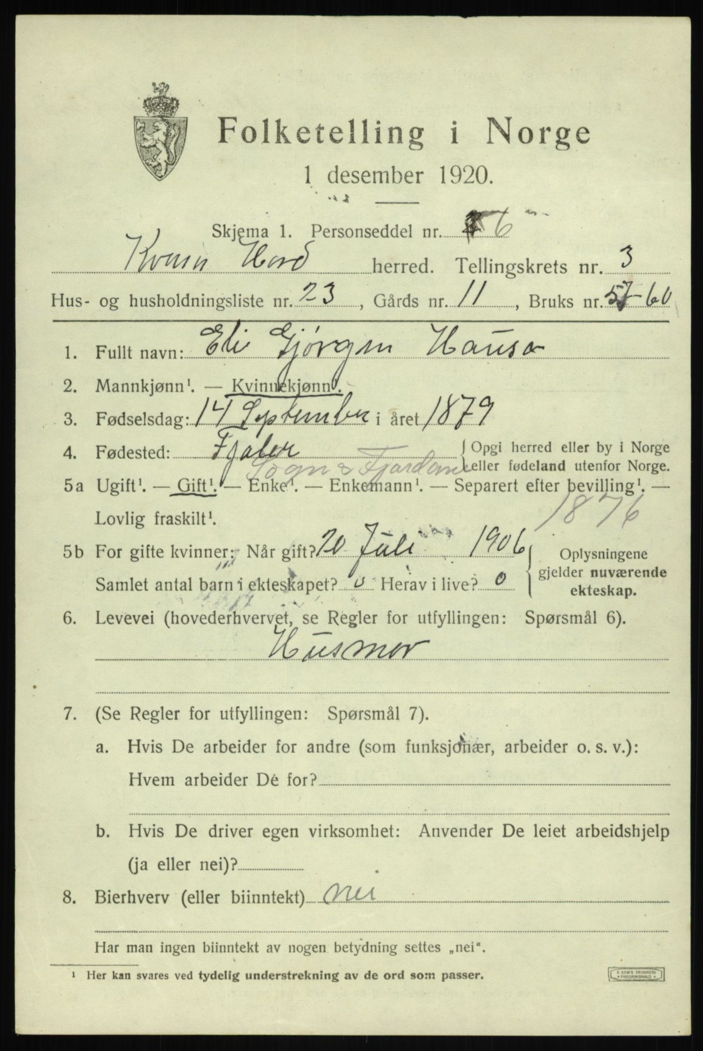 SAB, 1920 census for Kvam, 1920, p. 2791
