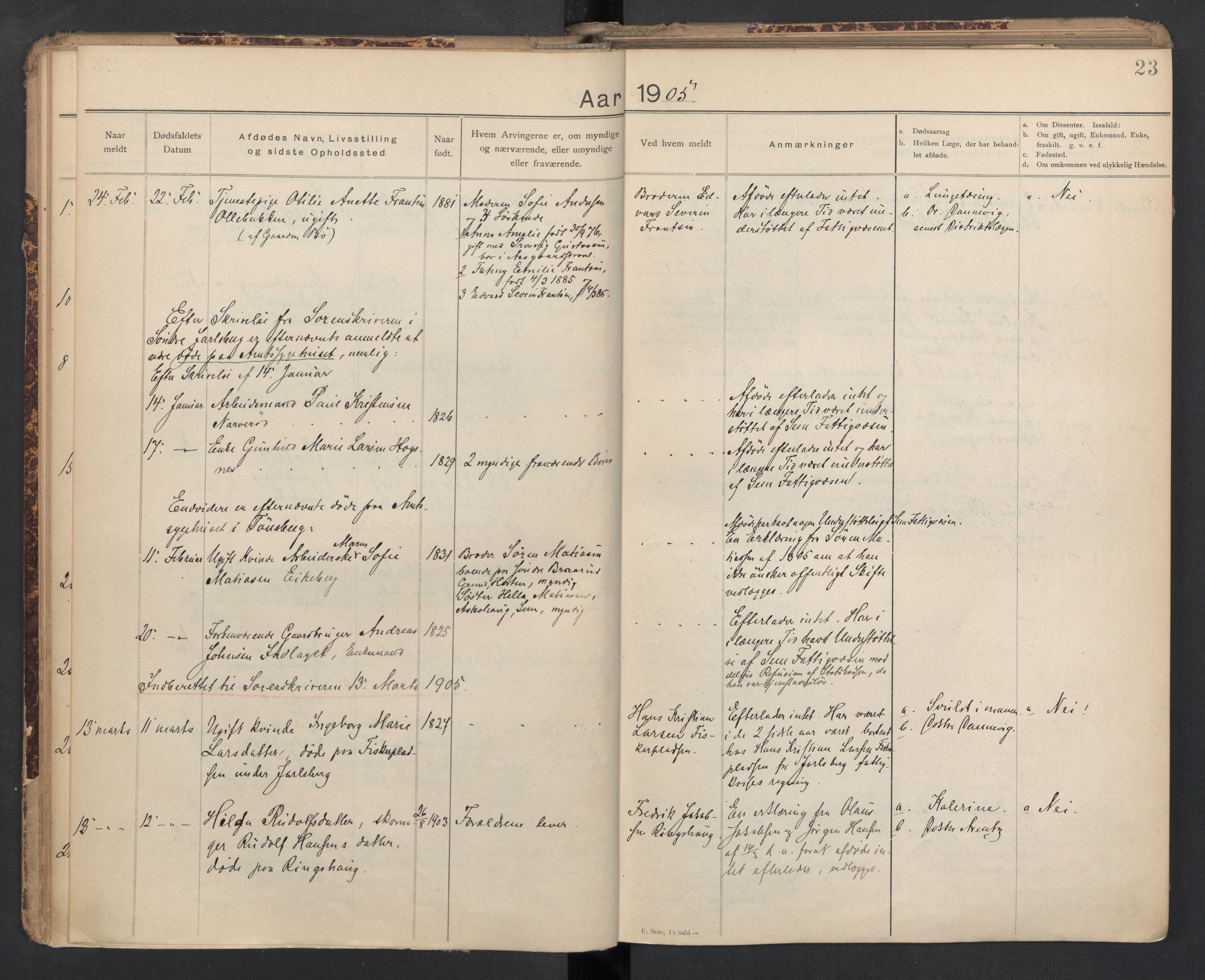 Sem lensmannskontor, SAKO/A-547/H/Ha/L0005: Dødsfallsprotokoll, 1903-1916, p. 23