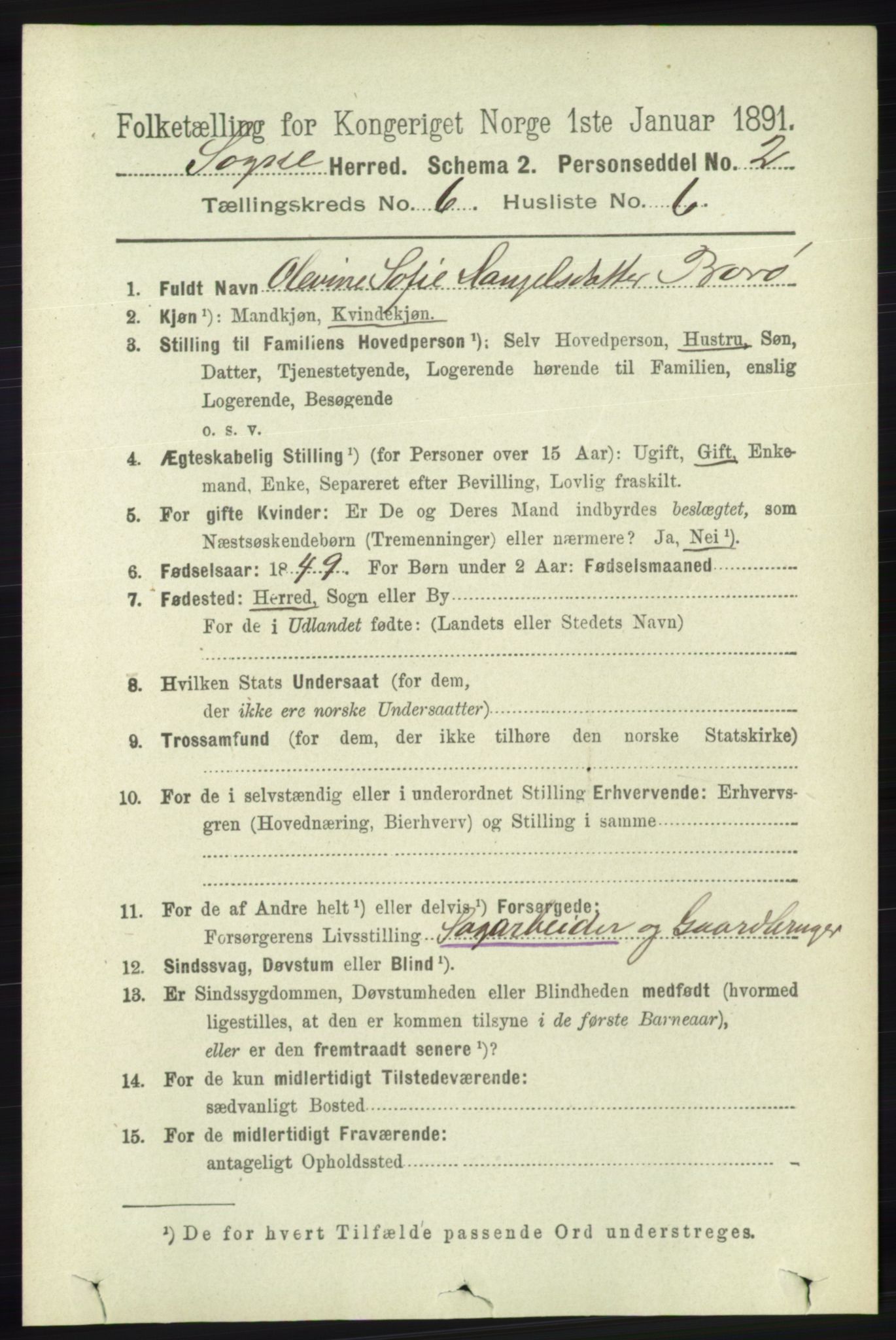 RA, 1891 census for 1018 Søgne, 1891, p. 1398