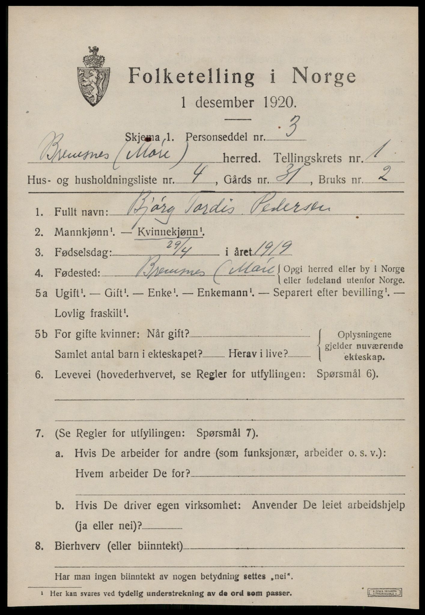 SAT, 1920 census for Bremsnes, 1920, p. 1513