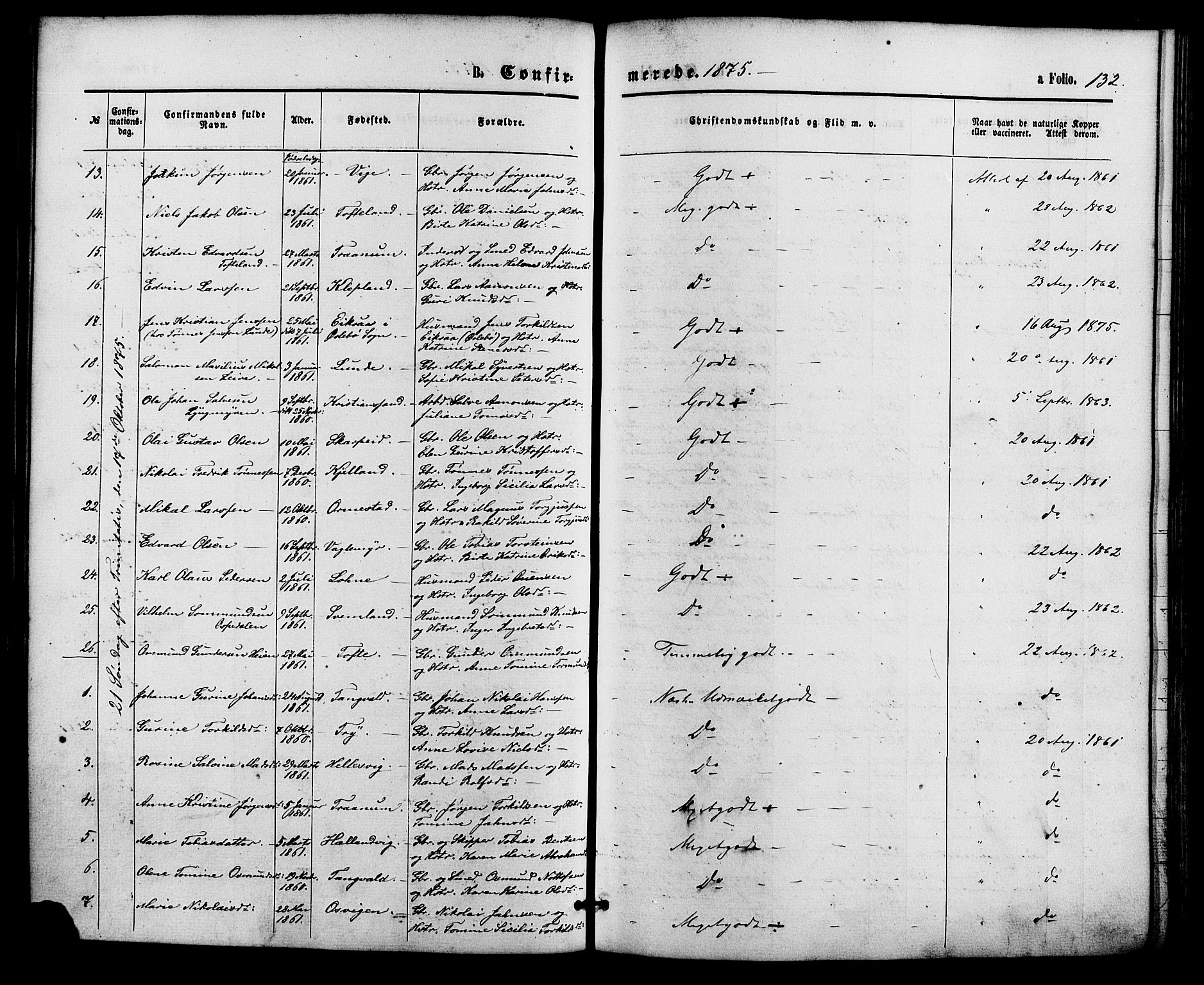Søgne sokneprestkontor, SAK/1111-0037/F/Fa/Fab/L0011: Parish register (official) no. A 11, 1869-1879, p. 132