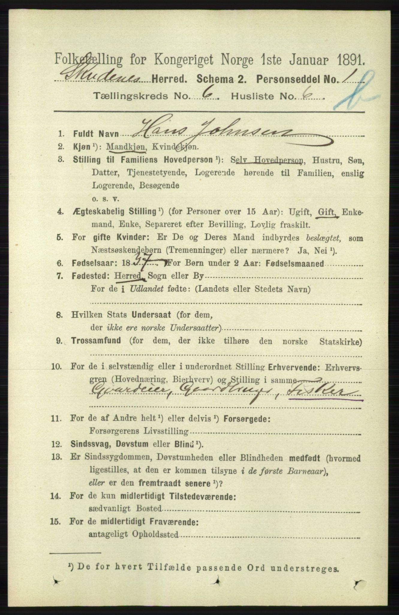 RA, 1891 census for 1150 Skudenes, 1891, p. 5612