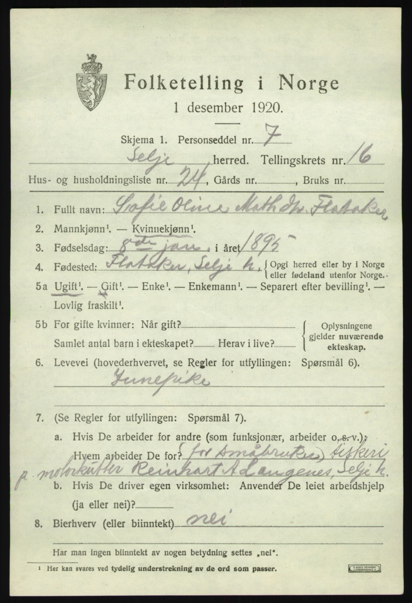 SAB, 1920 census for Selje, 1920, p. 7499