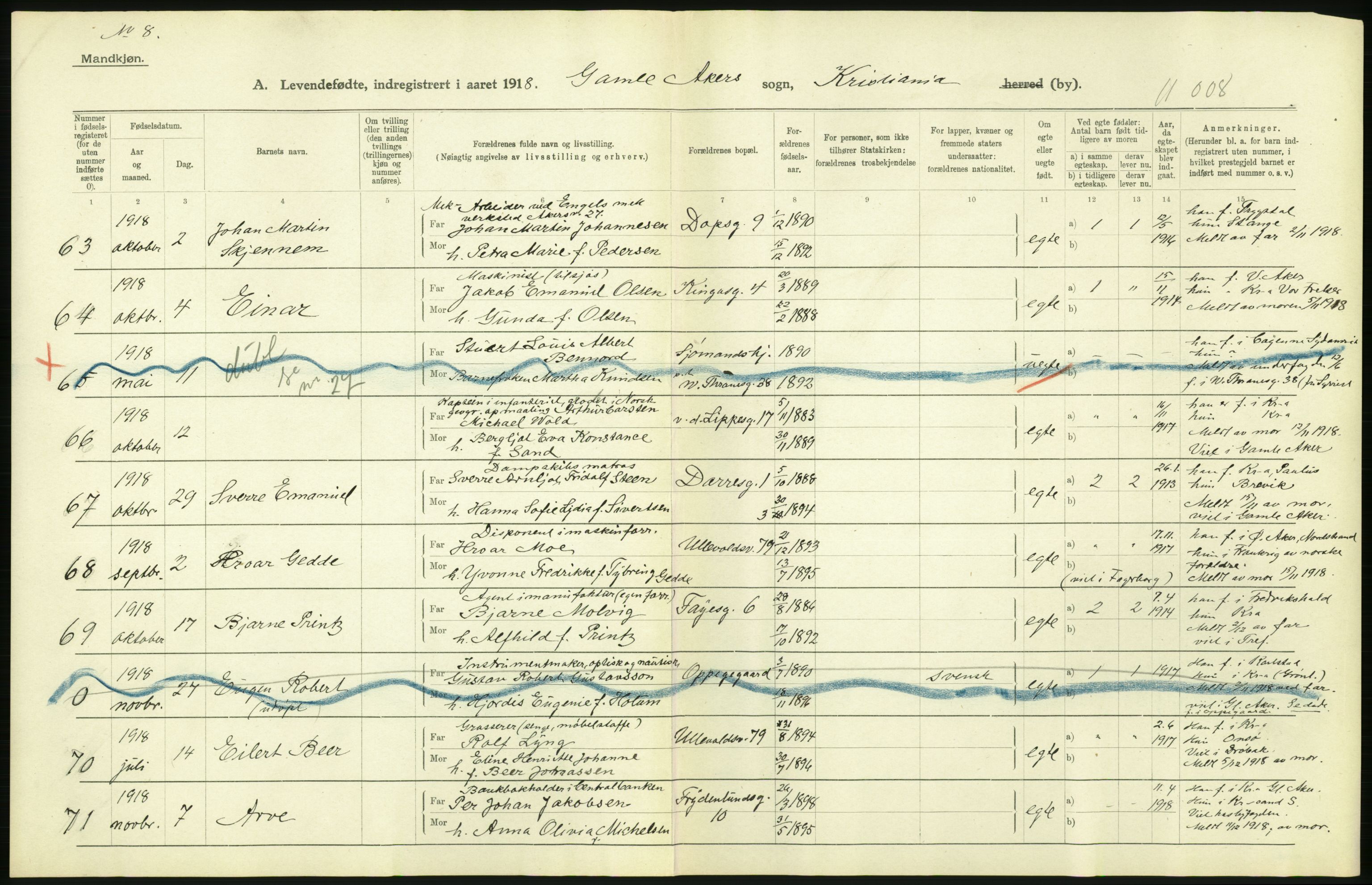 Statistisk sentralbyrå, Sosiodemografiske emner, Befolkning, AV/RA-S-2228/D/Df/Dfb/Dfbh/L0008: Kristiania: Levendefødte menn og kvinner., 1918, p. 94