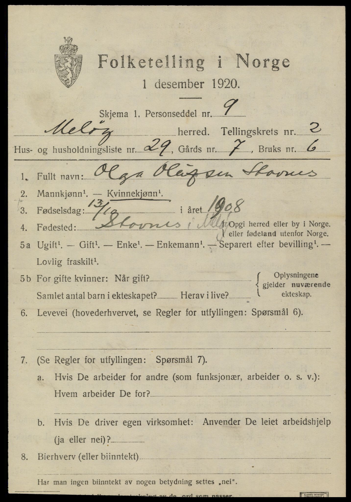 SAT, 1920 census for Meløy, 1920, p. 2531