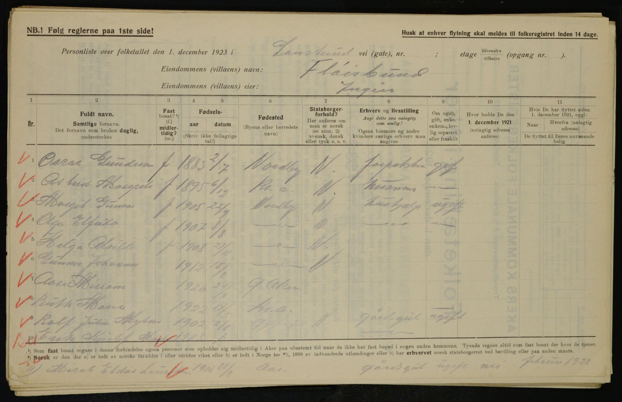 , Municipal Census 1923 for Aker, 1923, p. 46374