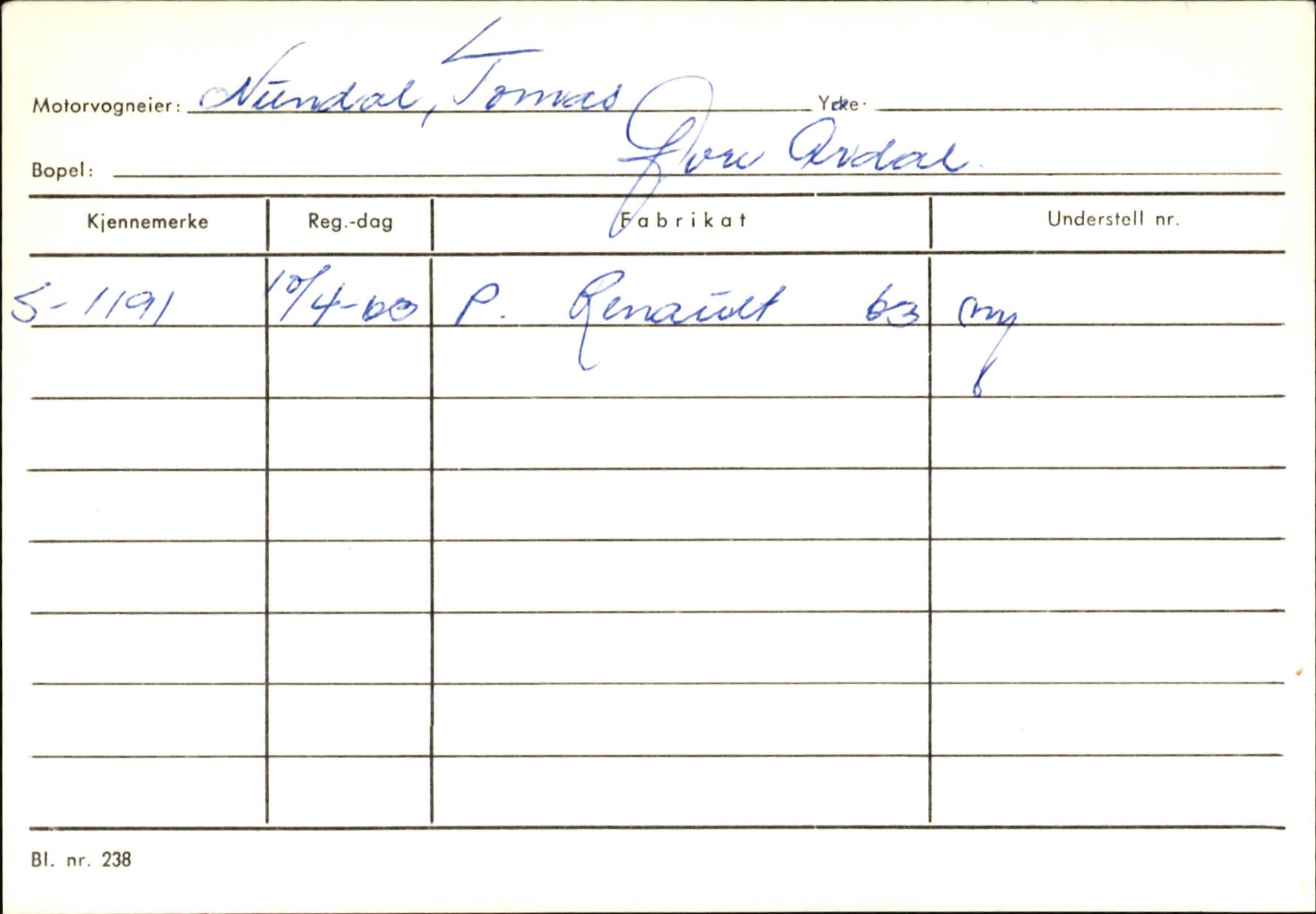 Statens vegvesen, Sogn og Fjordane vegkontor, SAB/A-5301/4/F/L0145: Registerkort Vågsøy S-Å. Årdal I-P, 1945-1975, p. 2165