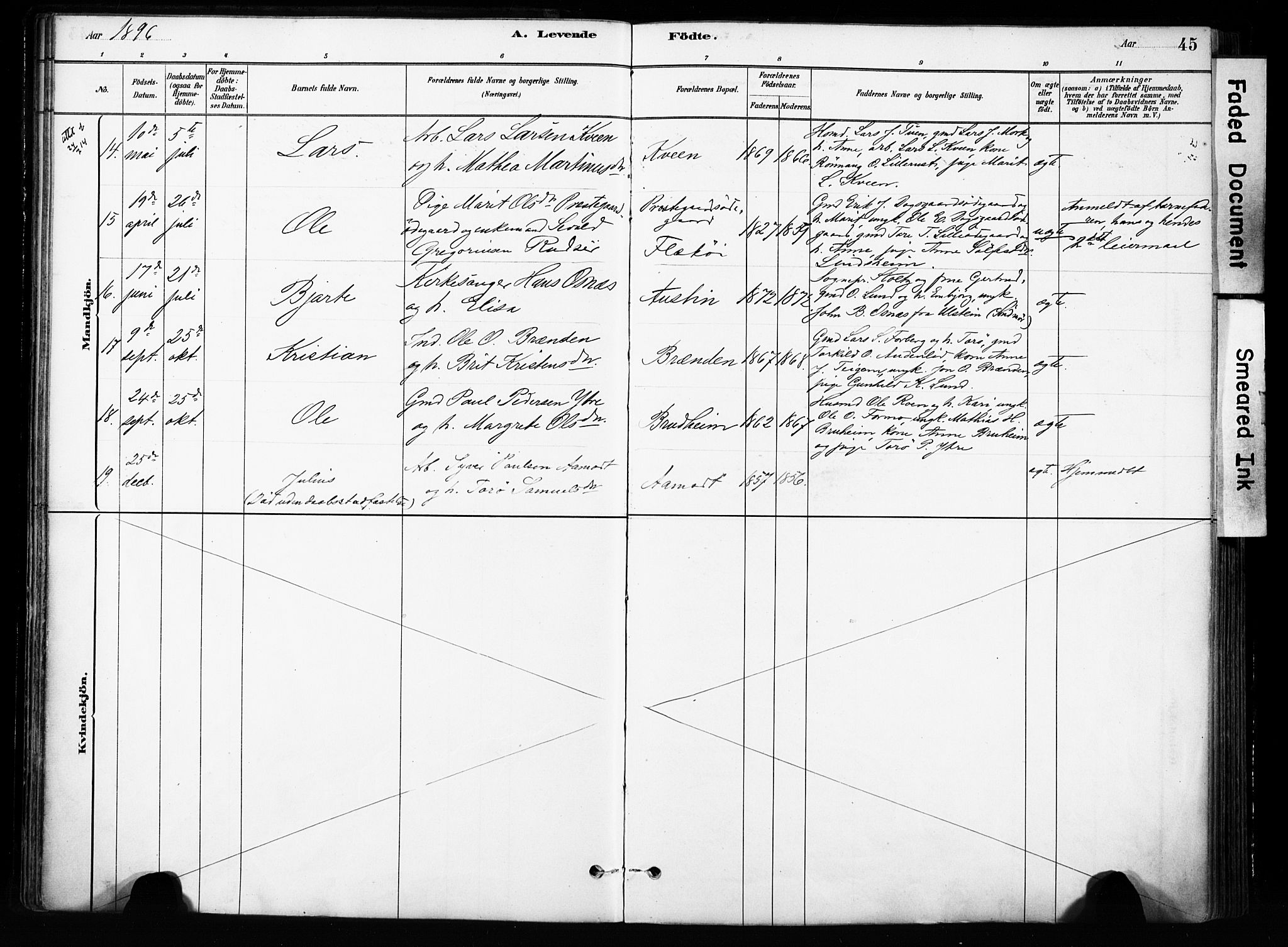 Skjåk prestekontor, SAH/PREST-072/H/Ha/Haa/L0004: Parish register (official) no. 4, 1880-1904, p. 45