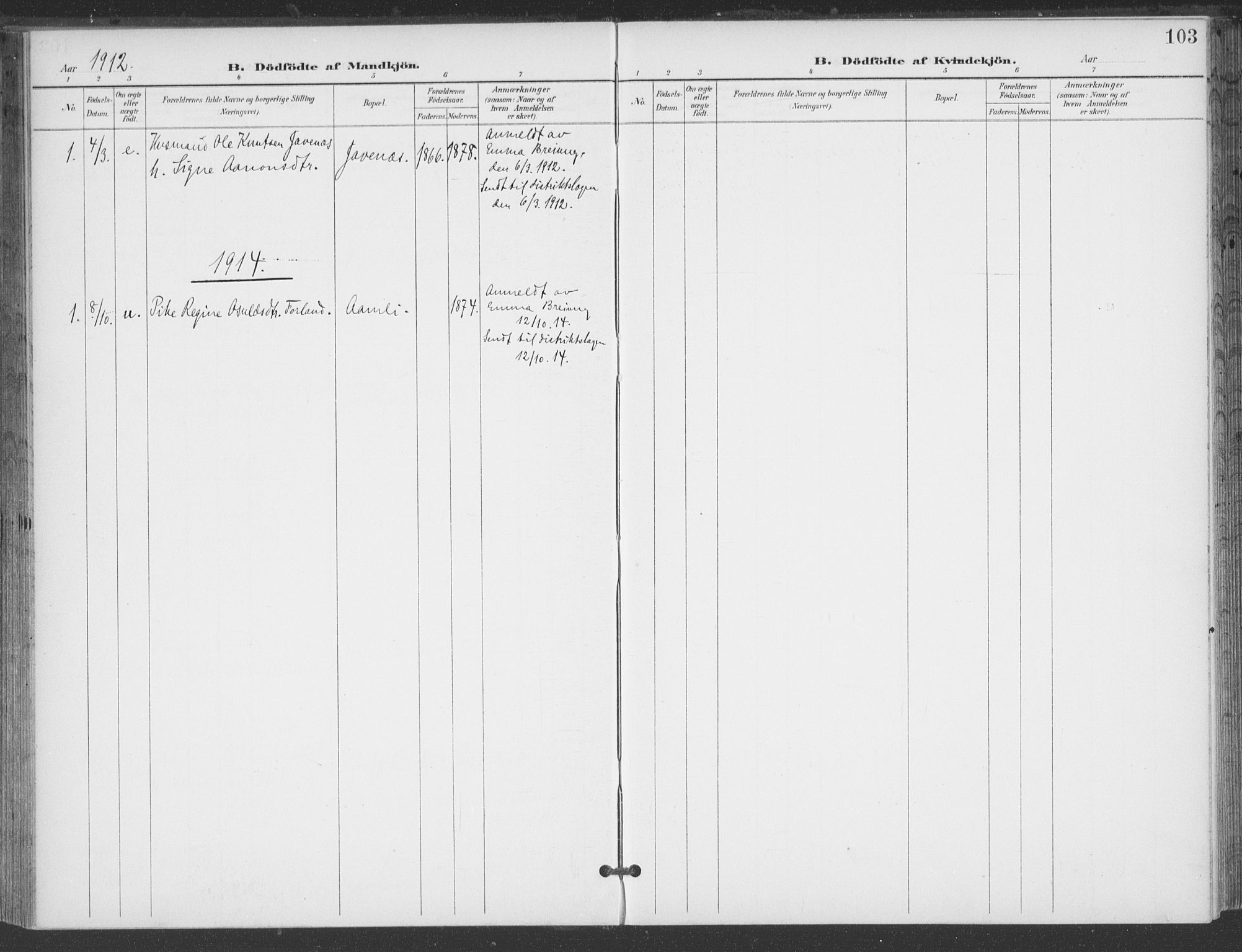 Åmli sokneprestkontor, AV/SAK-1111-0050/F/Fa/Fac/L0012: Parish register (official) no. A 12, 1900-1914, p. 103