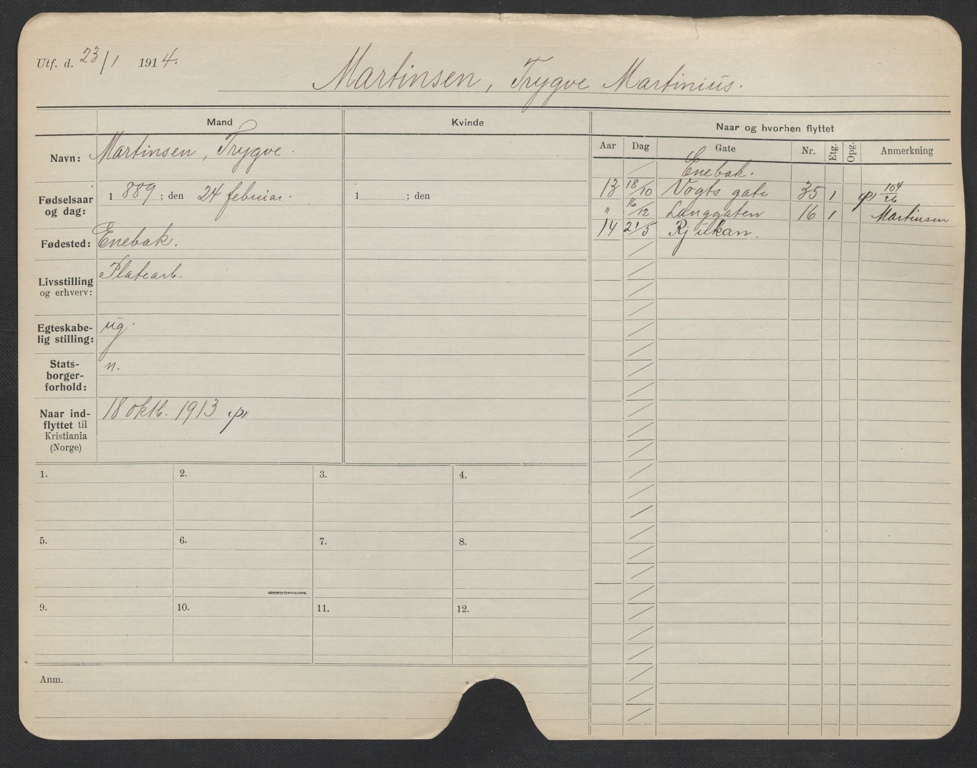 Oslo folkeregister, Registerkort, AV/SAO-A-11715/F/Fa/Fac/L0007: Menn, 1906-1914, p. 613a