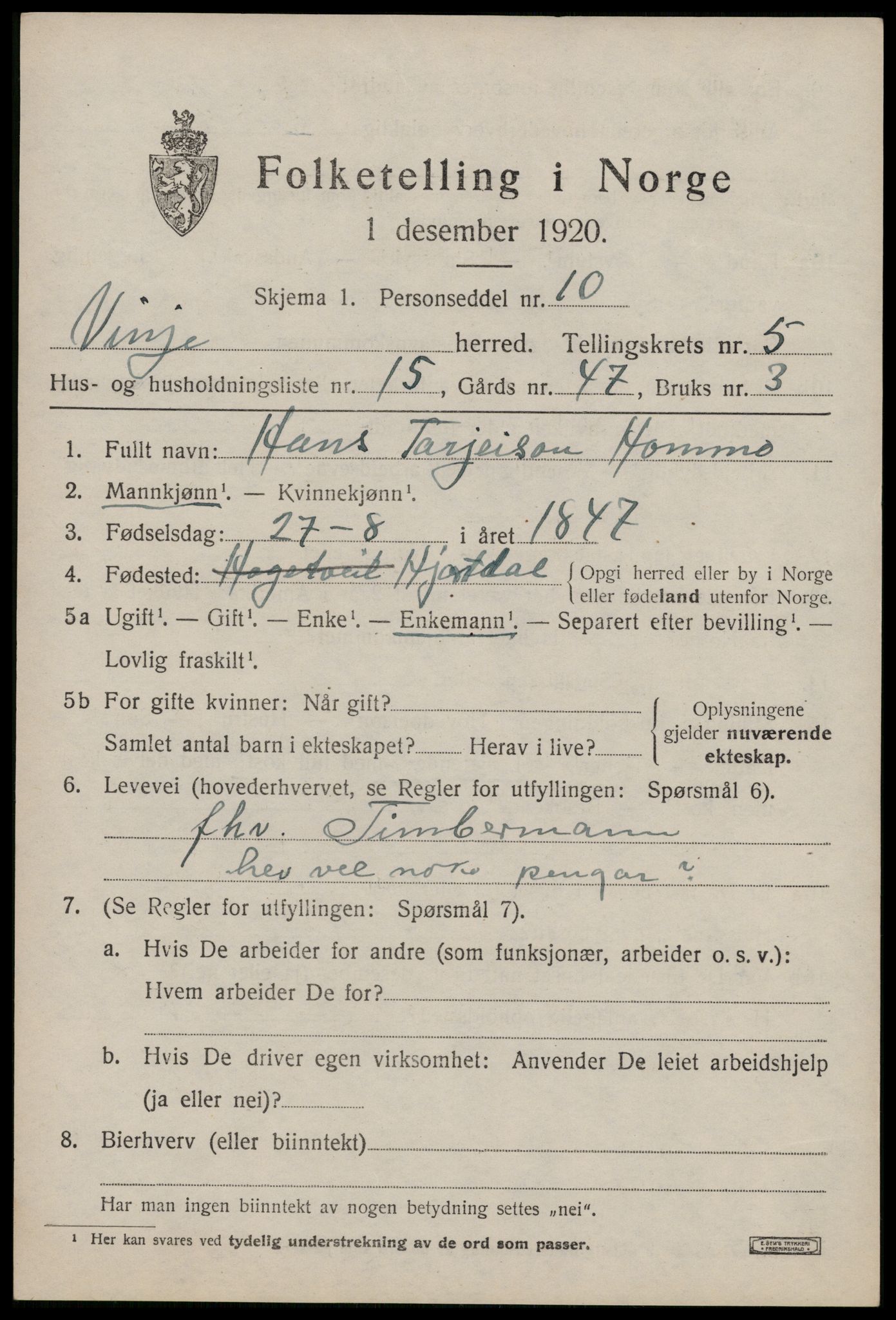 SAKO, 1920 census for Vinje, 1920, p. 1781