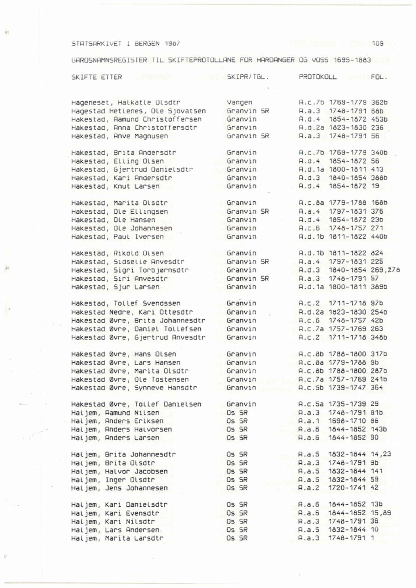 Hardanger og Voss sorenskriveri, SAB/A-2501/4, 1695-1883, p. 1109