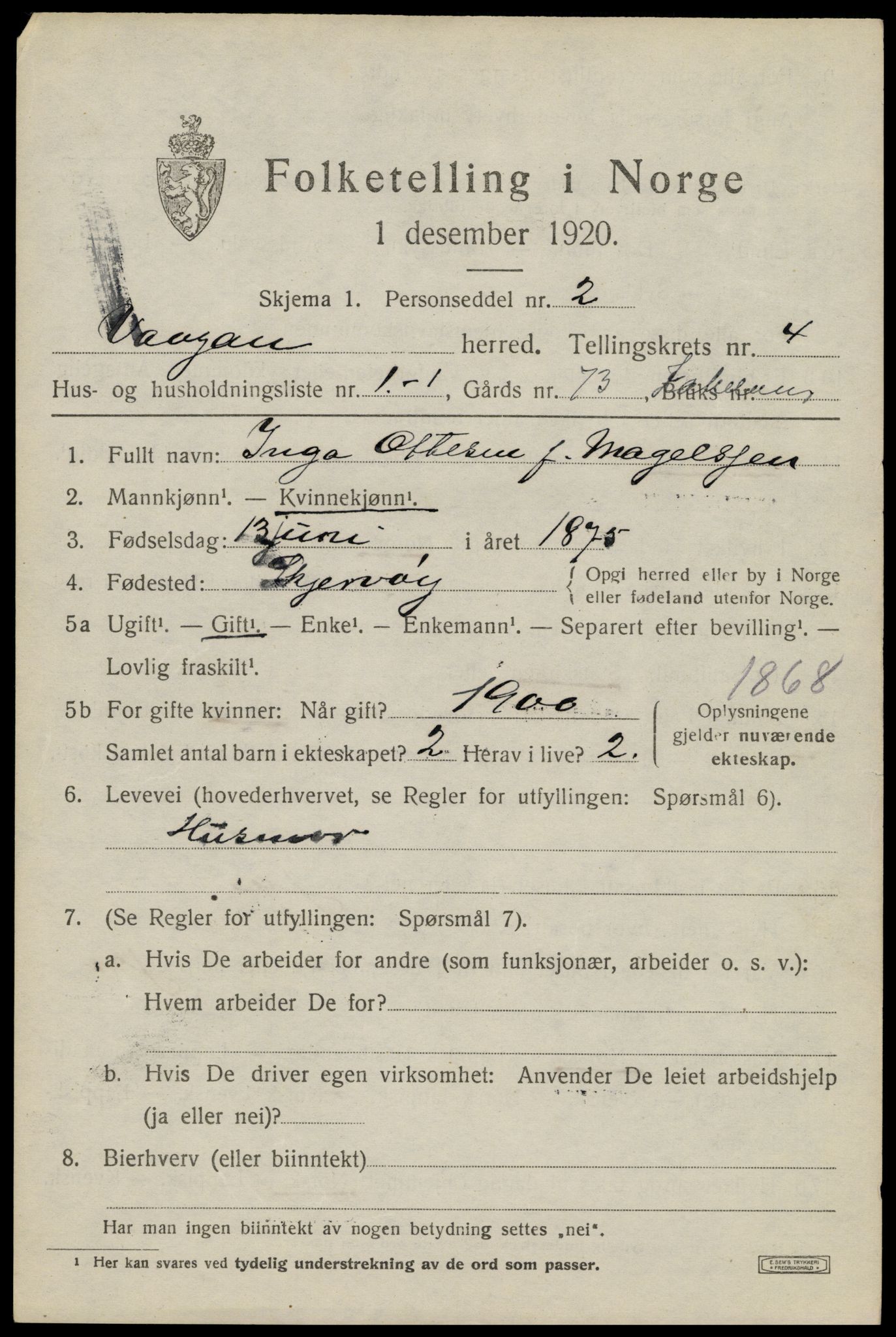 SAT, 1920 census for Vågan, 1920, p. 3171