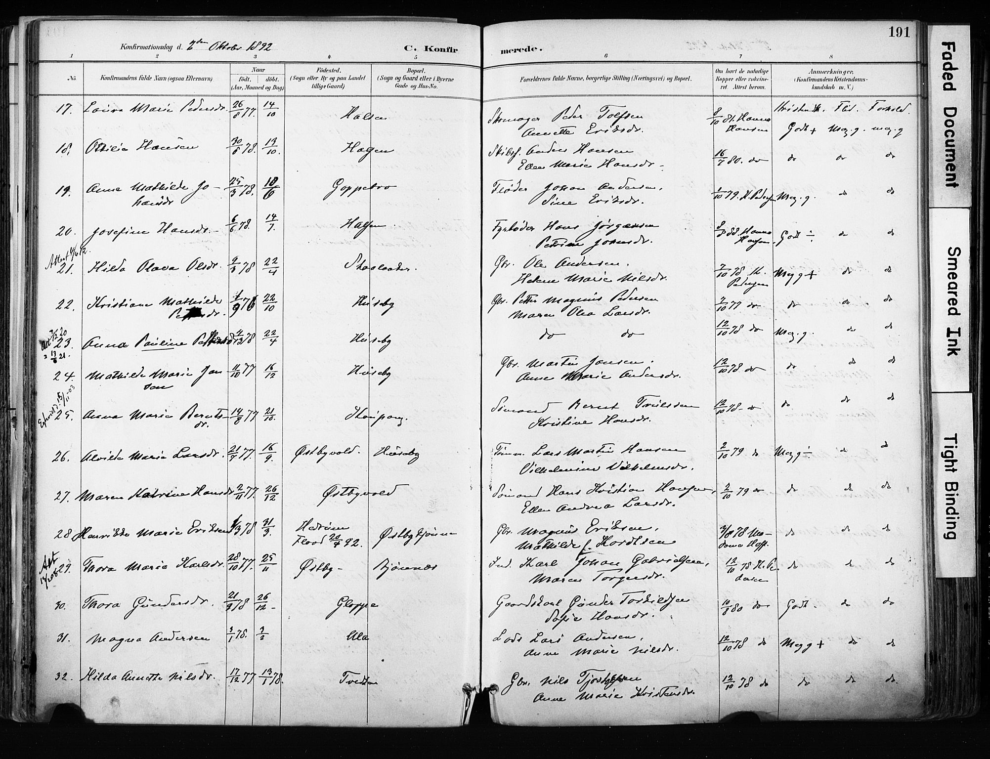 Tjølling kirkebøker, AV/SAKO-A-60/F/Fa/L0009: Parish register (official) no. 9, 1887-1905, p. 191