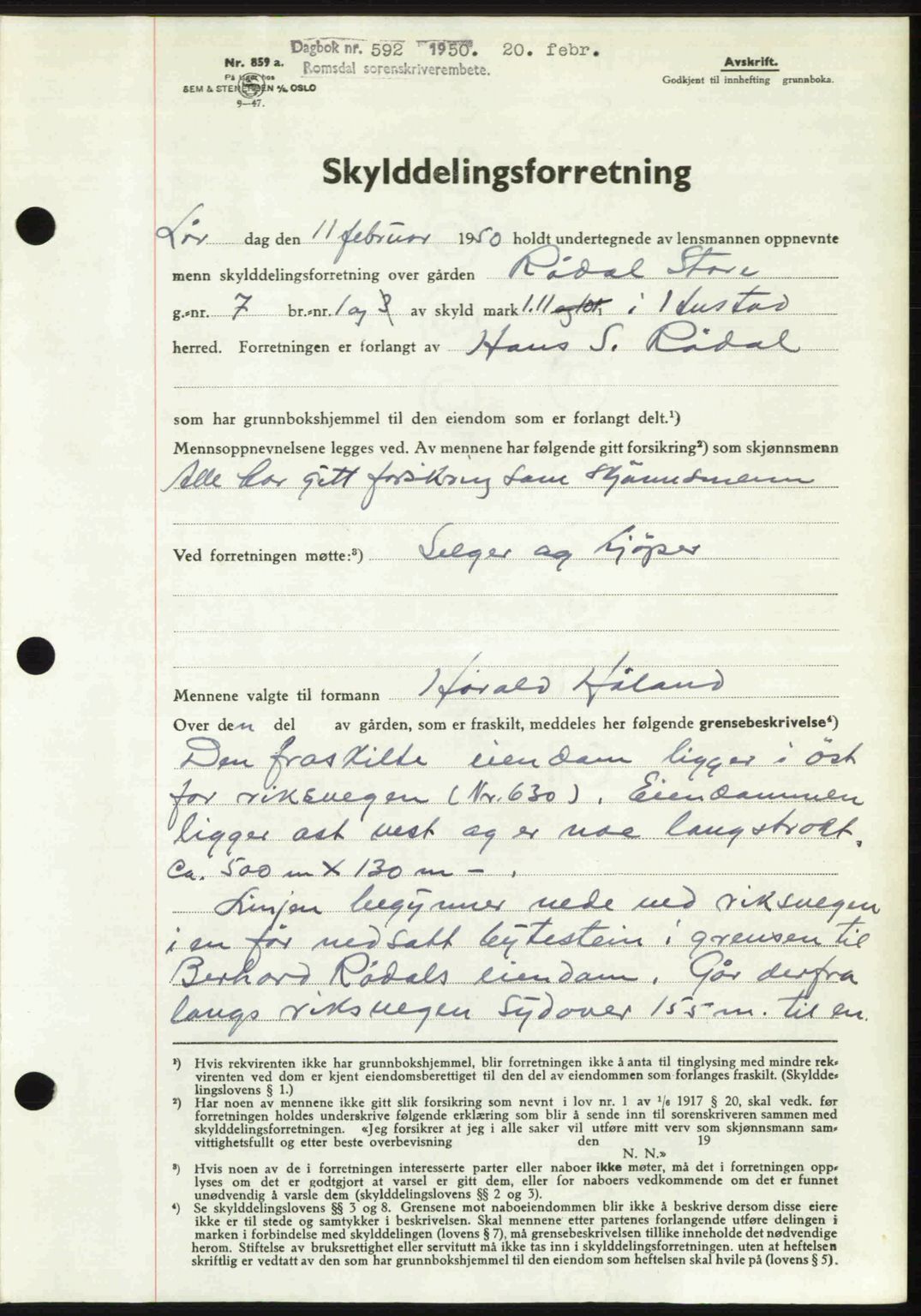 Romsdal sorenskriveri, AV/SAT-A-4149/1/2/2C: Mortgage book no. A32, 1950-1950, Diary no: : 592/1950