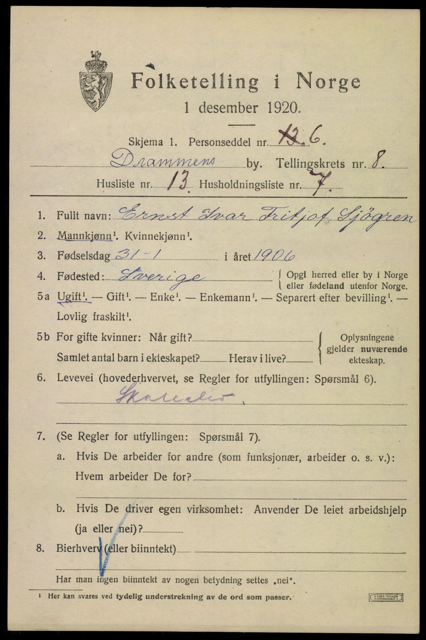 SAKO, 1920 census for Drammen, 1920, p. 53445