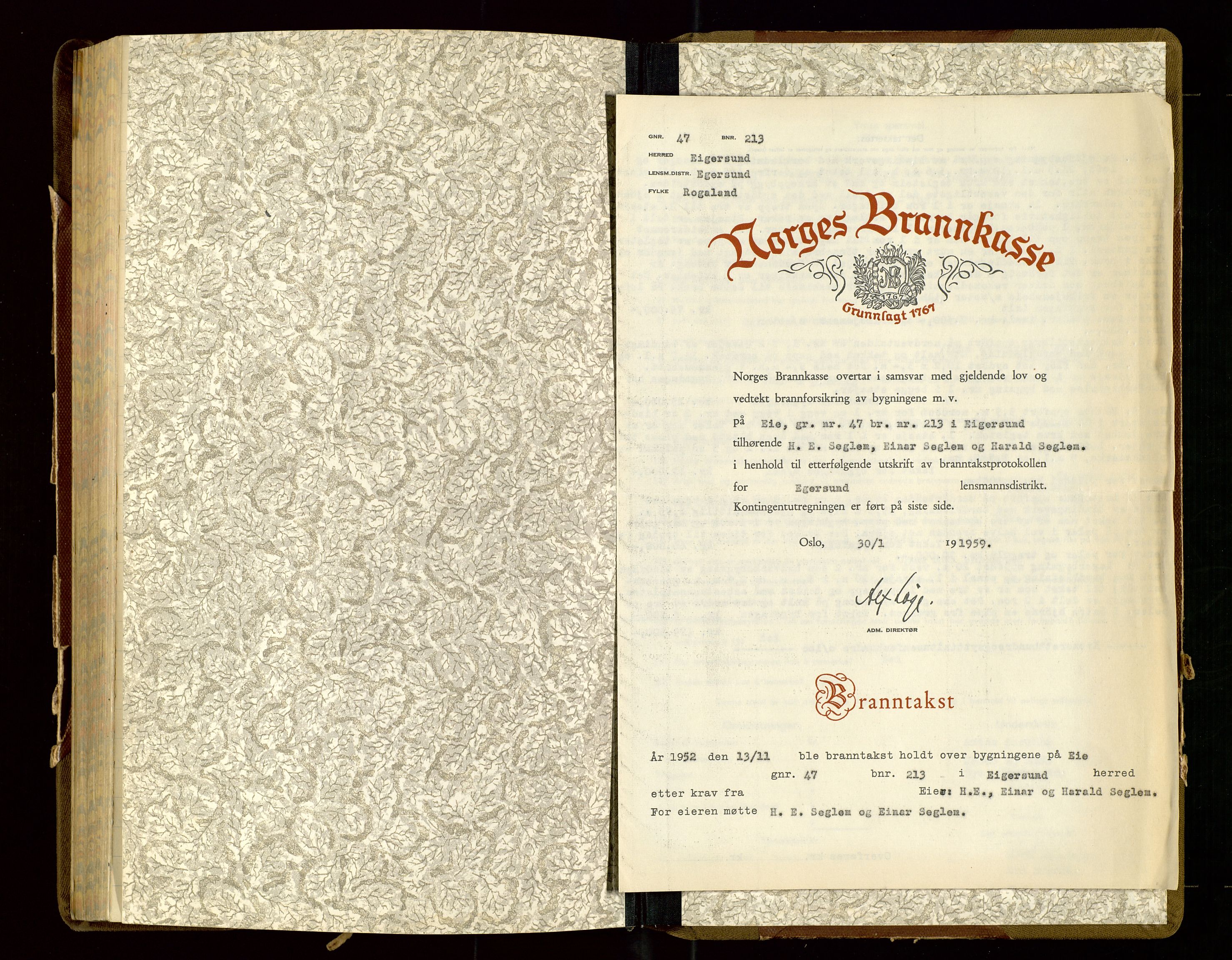 Eigersund lensmannskontor, SAST/A-100171/Goa/L0011: "Branntakstprotokoll", 1952-1953